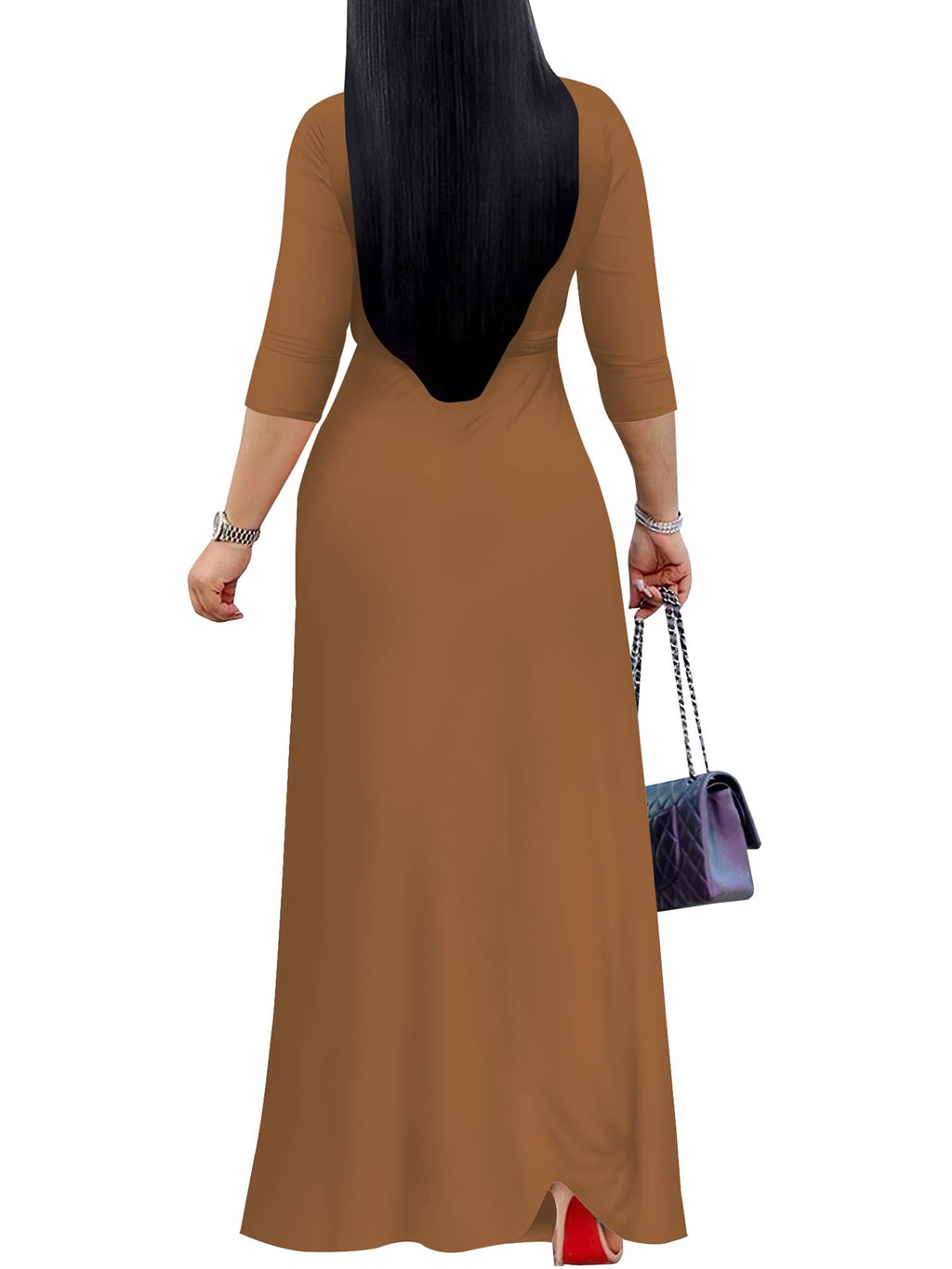 PinkPatty Women's Plus Size Maxi Dresses Casual Flowy 3/4 Sleeves Dress Printed Vacation Dress for Daily Wear with Belt