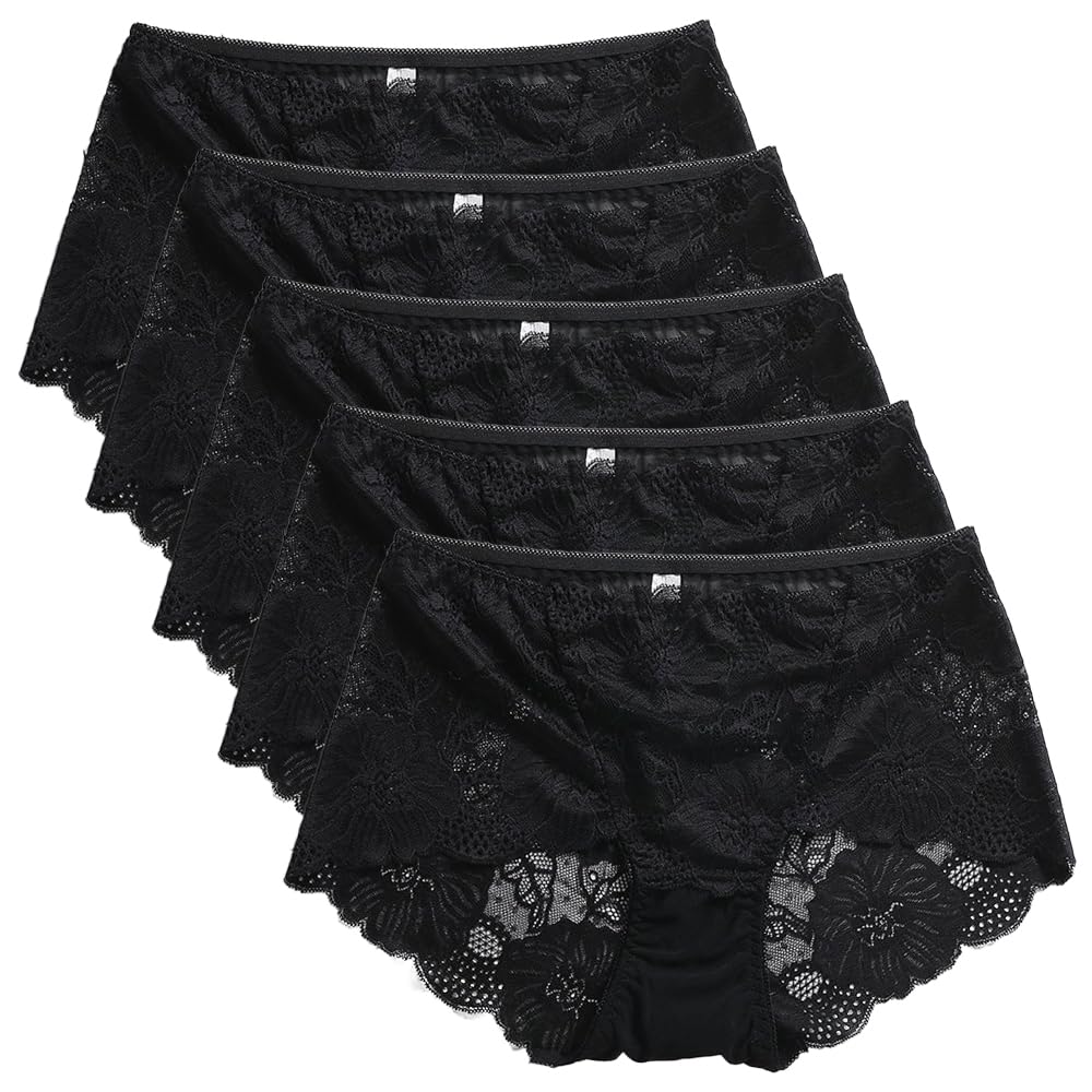 PHOLEEY Womens Sexy Underwear Lace Panties High Waisted Plus Size Ladies Brief for Women 5-Pack