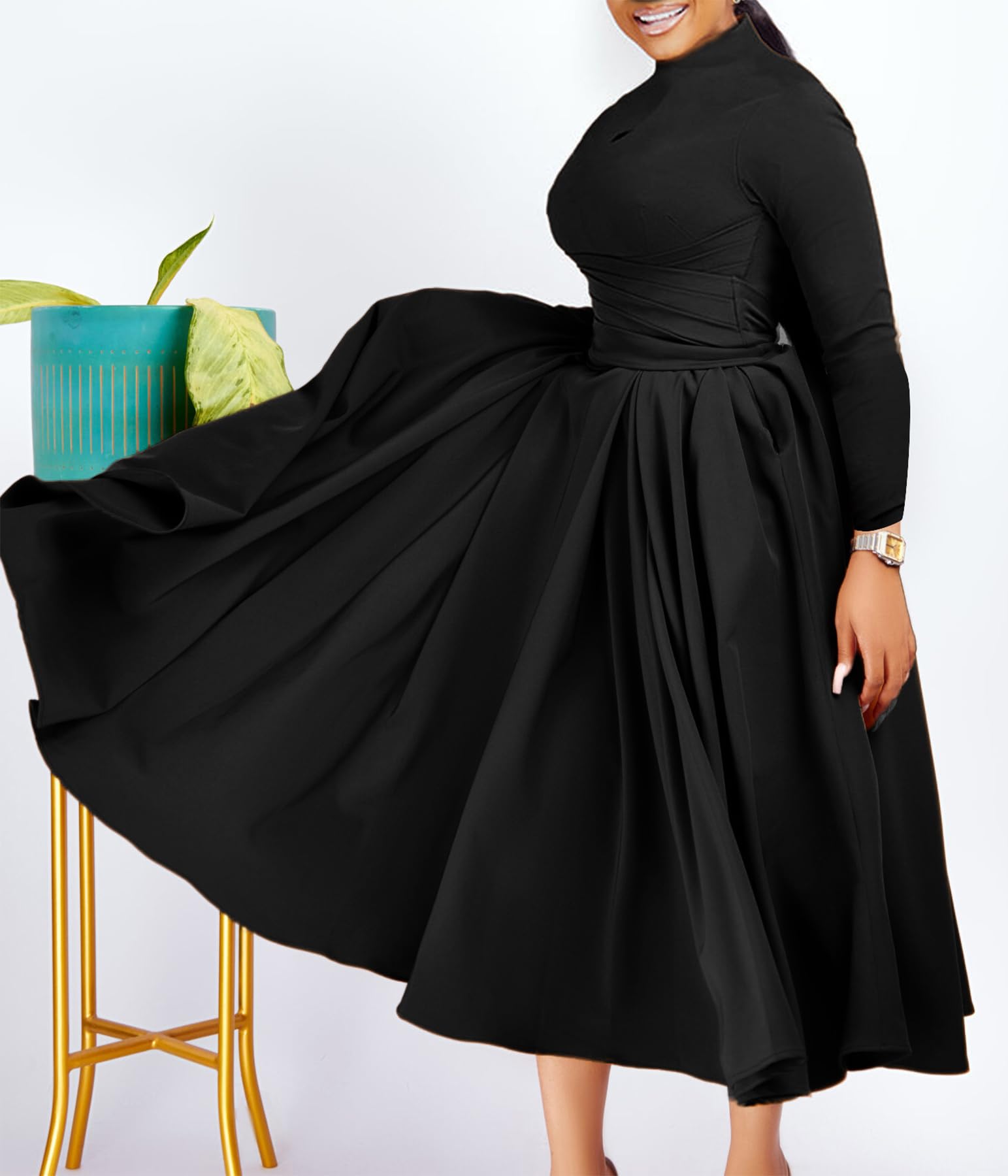 Symina Women's Long Sleeve Maxi Dress Church Cocktail African Formal Fall Dresses Plus Size Wedding Guest Dress
