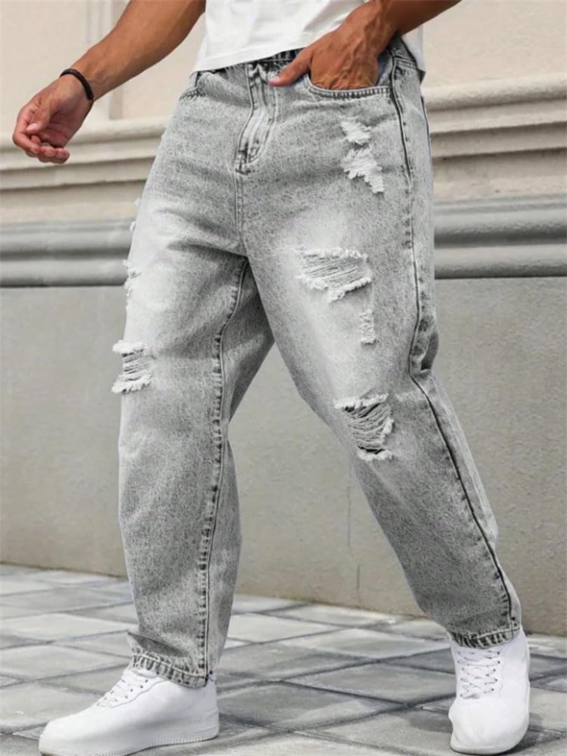 Mens Relaxed Tapered Ripped Jeans Loose Straight Leg Denim Pants