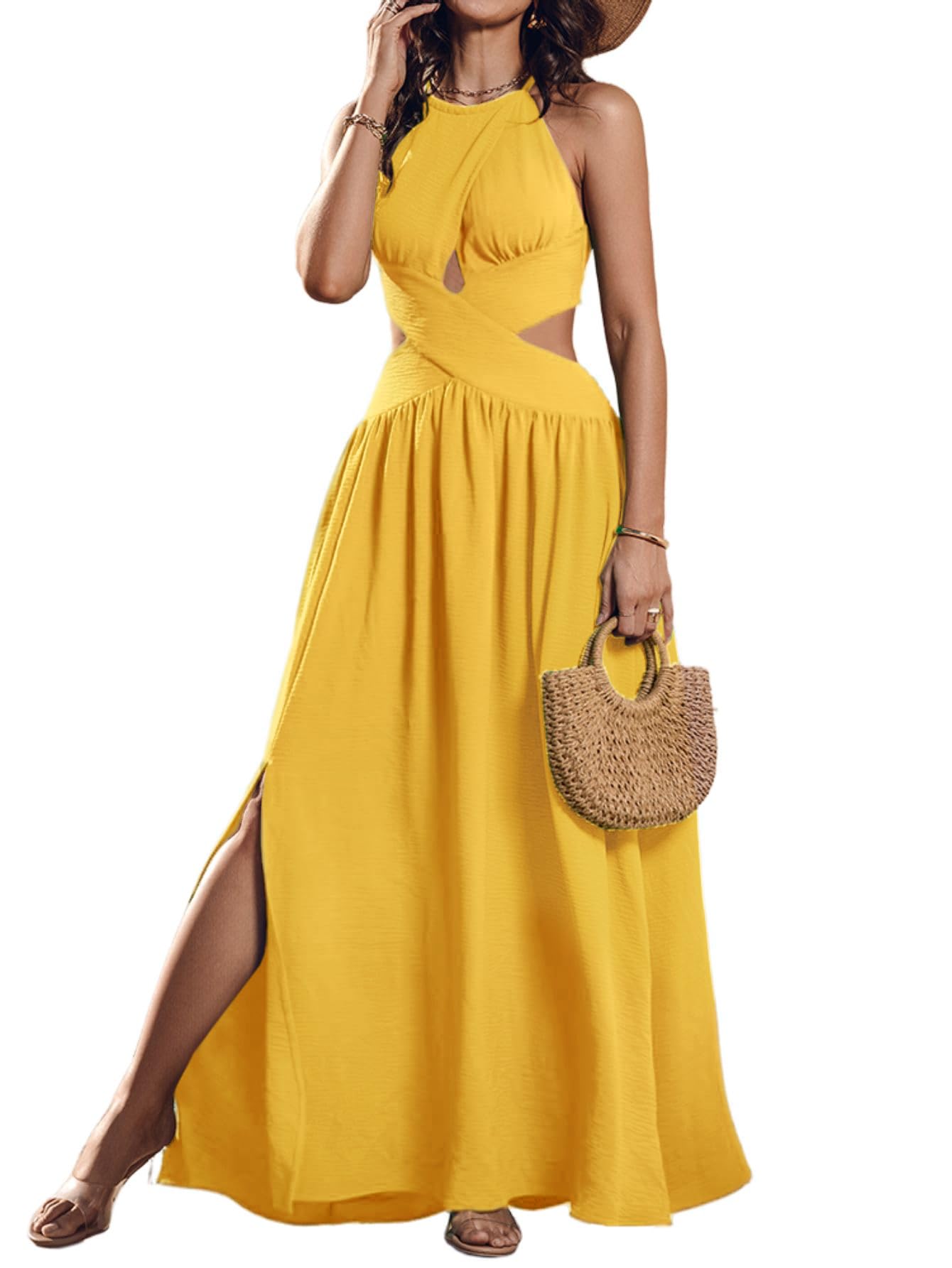 CHICME Women's Sleeveless Halter Neck Dress Criss Cross Tie Back Split High Maxi Dress