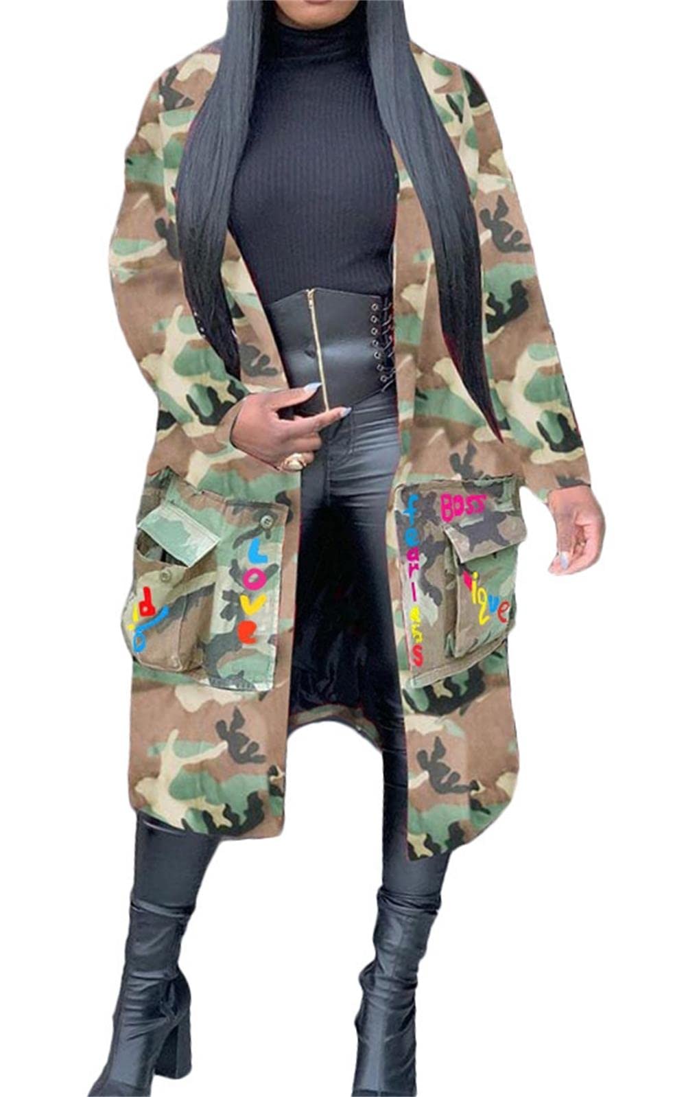 Sexy Camouflage Jacket for Women Army Fatigue Long Cargo Jackets Trench Coat Plus Size