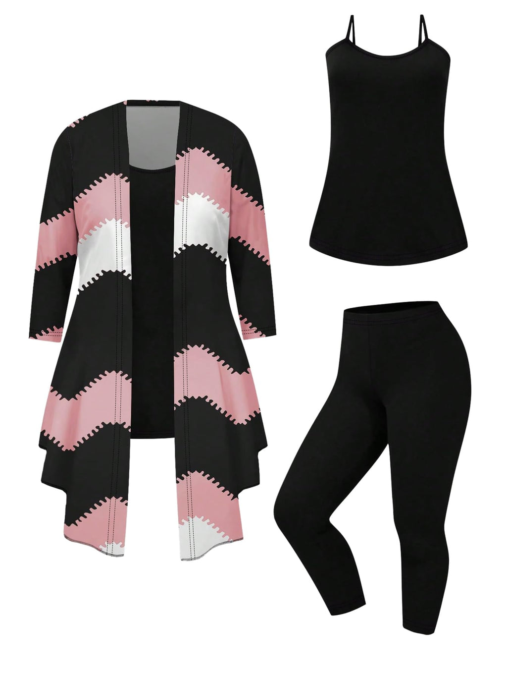 SOLY HUX Women's Plus Size 3 Piece Yoga Outfits Color Block Print Cardigan and Cami Tops with Pants Activewear Set