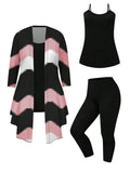 SOLY HUX Women's Plus Size 3 Piece Yoga Outfits Color Block Print Cardigan and Cami Tops with Pants Activewear Set