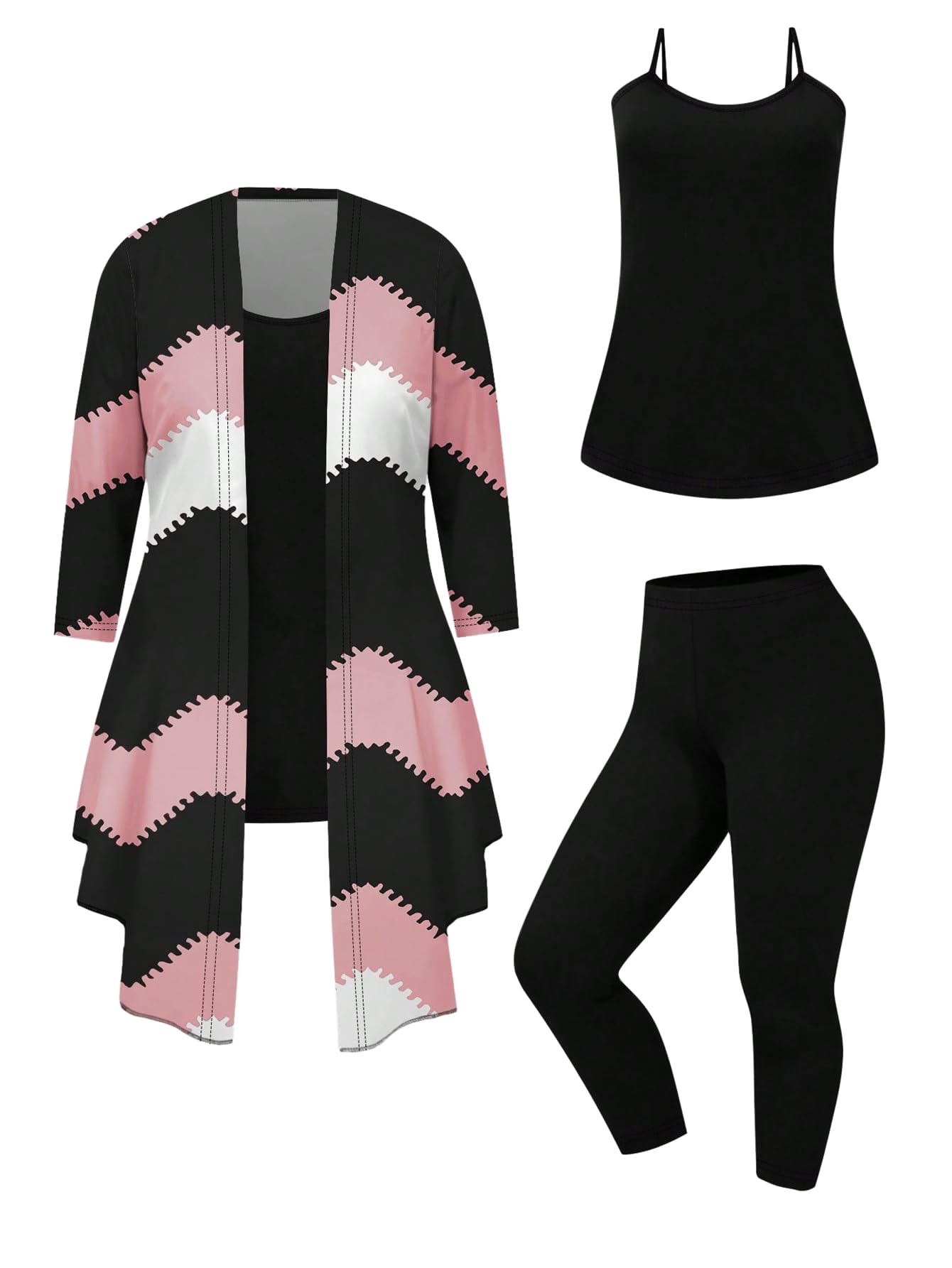 SOLY HUX Women's Plus Size 3 Piece Yoga Outfits Color Block Print Cardigan and Cami Tops with Pants Activewear Set