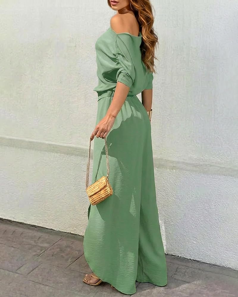 CHICME Women Summer 2 Piece Outfits Off Shoulder Batwing Sleeve Top Flowy Slit Wide Leg Pants Sets Travel Matching Set