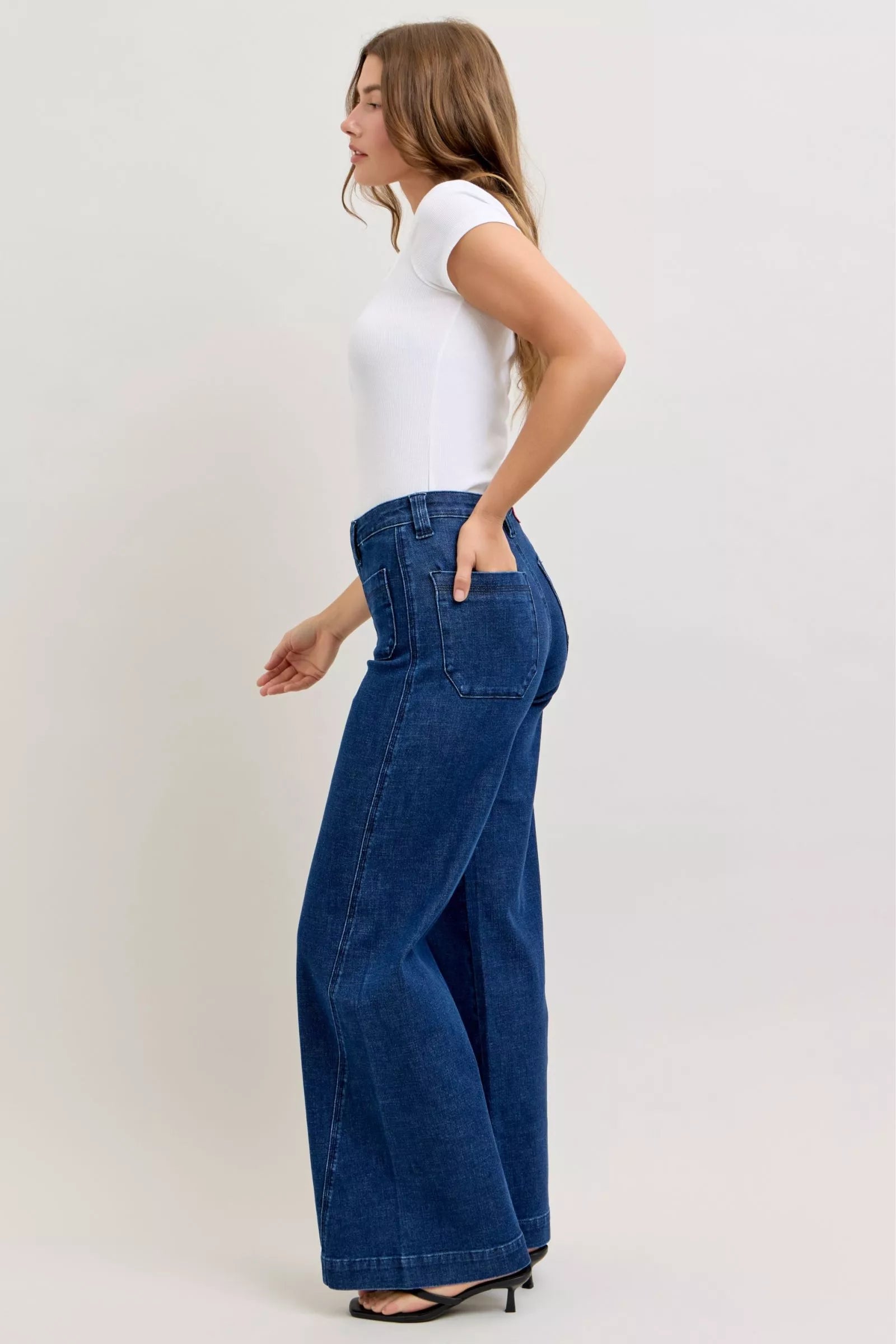 Judy Blue High Waisted Retro Wide Jeans For Women With Patch Pockets And Twisted Seams