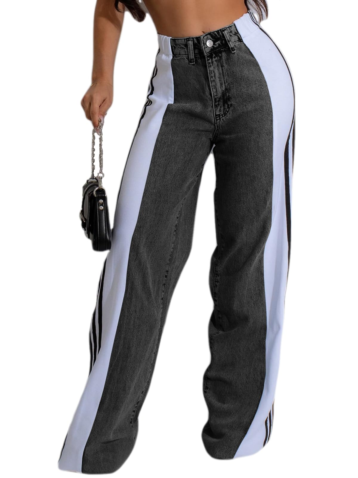 Angsuttc Womens Jeans with Patchwork Stripes High Waisted Stretchy Denim Color Block Straight Wide Leg Trendy Jean