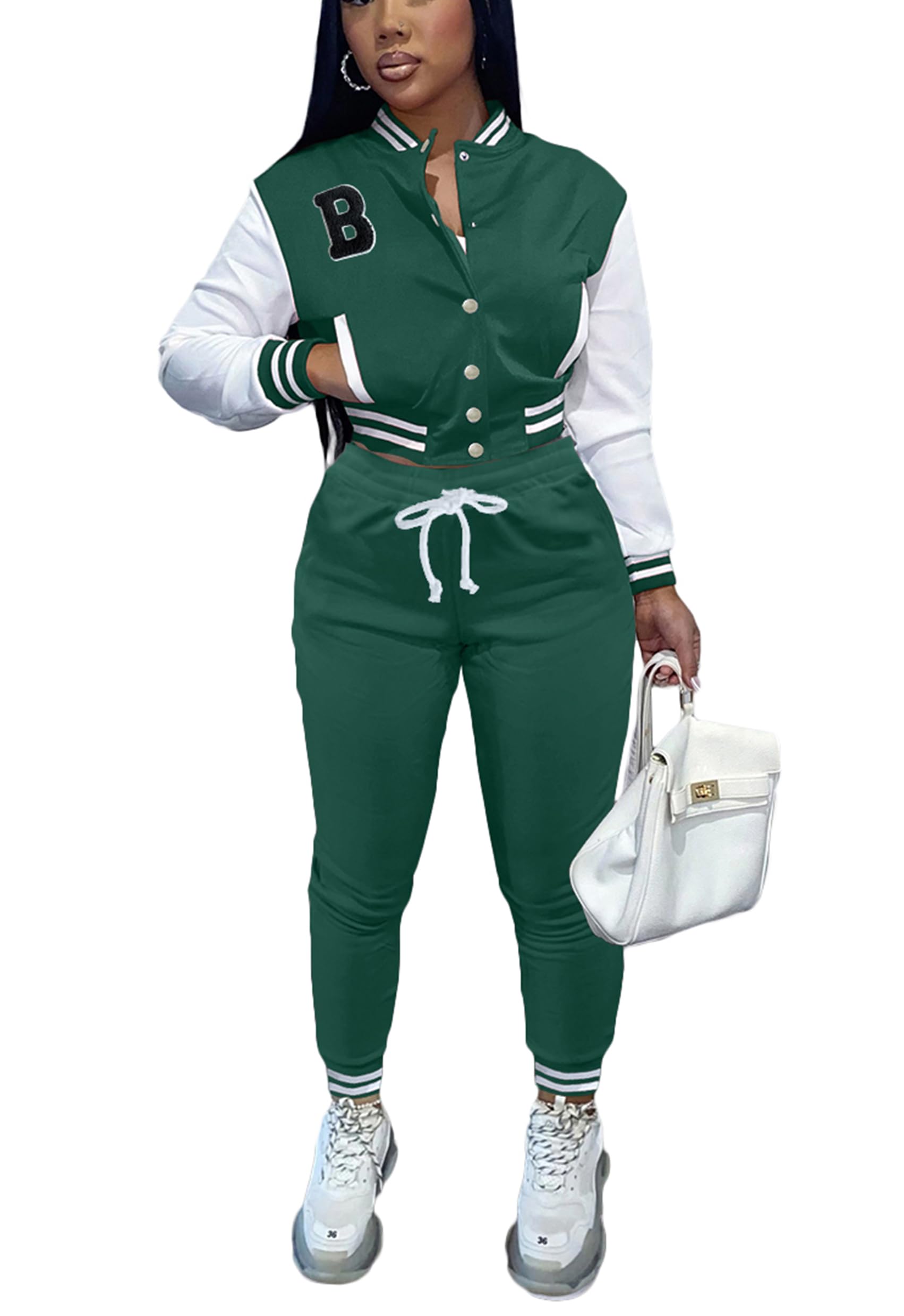 Fooullaide Women's Varsity Jacket Sweatsuit 2 Piece Tracksuit Crop Top Button Down Letterman Jackets Pants Sets