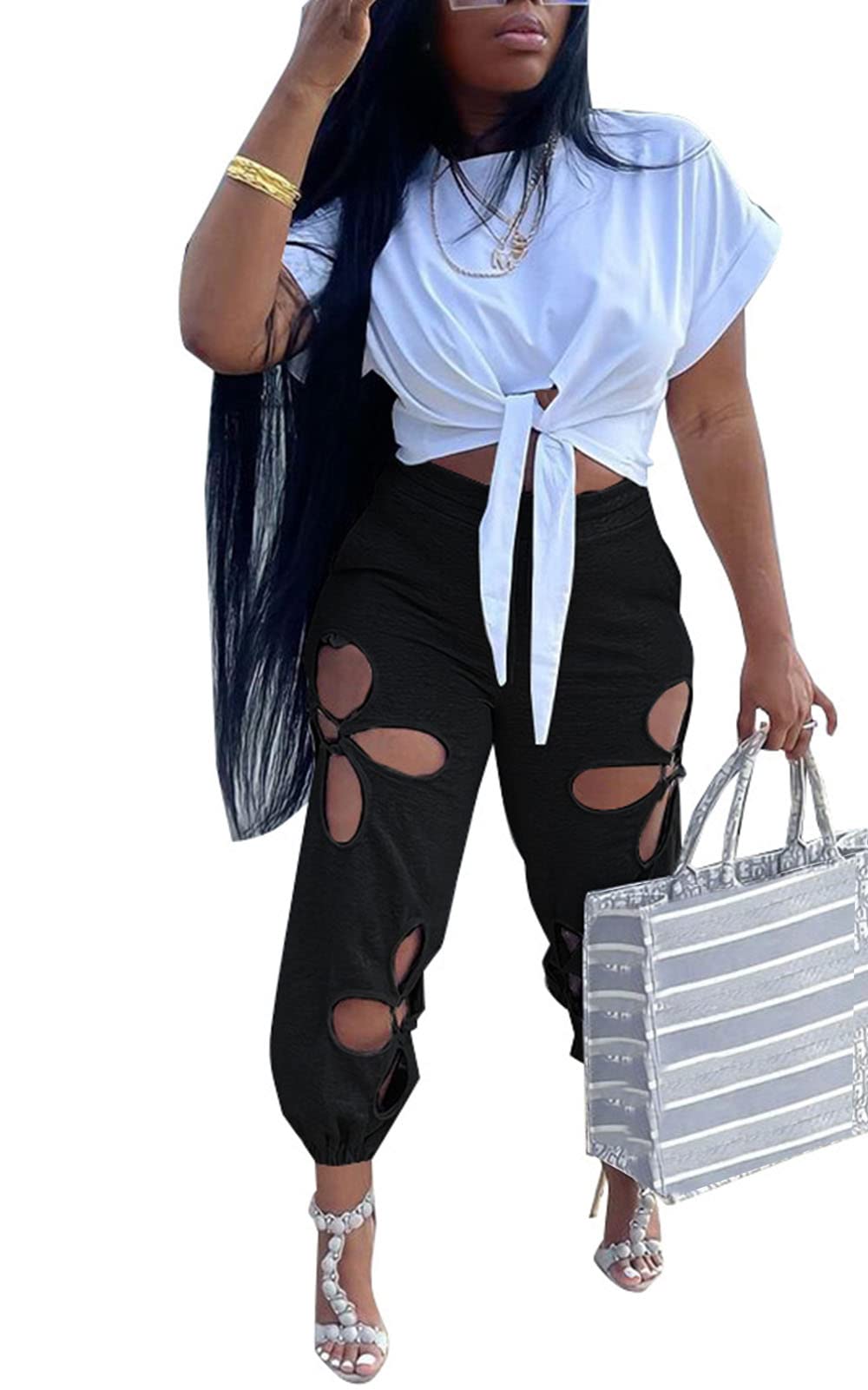 KEYUFANG Women 2 Piece Outfits Set Casual Crop Top Shirt Hollowed Out Sweatpants Women Fashion Tracksuit