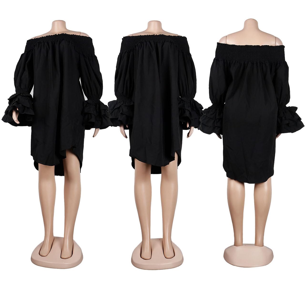 WOKANSE Women's Casual Plus Size Shirred Dresses Off Shoulder Bell Sleeves Ruffle Loose Stretchy Neck Midi Dress