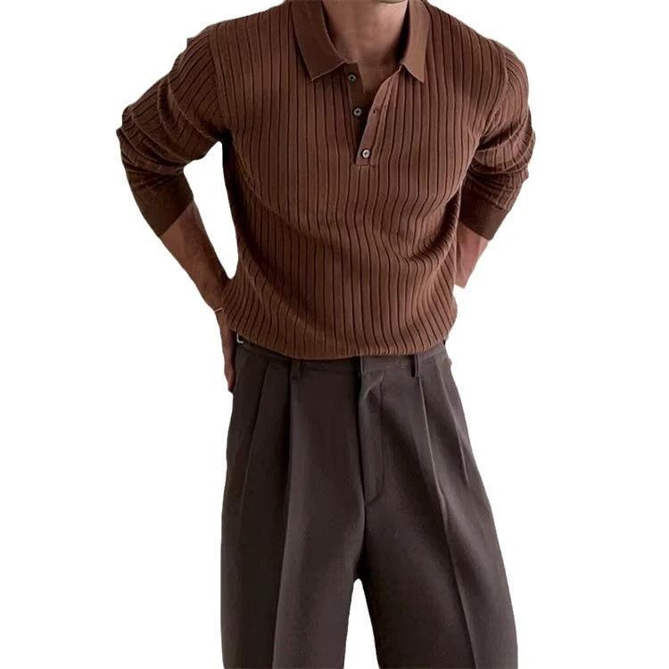 Men's Polo Shirt - Lapel Button Long Sleeve Slim Fit