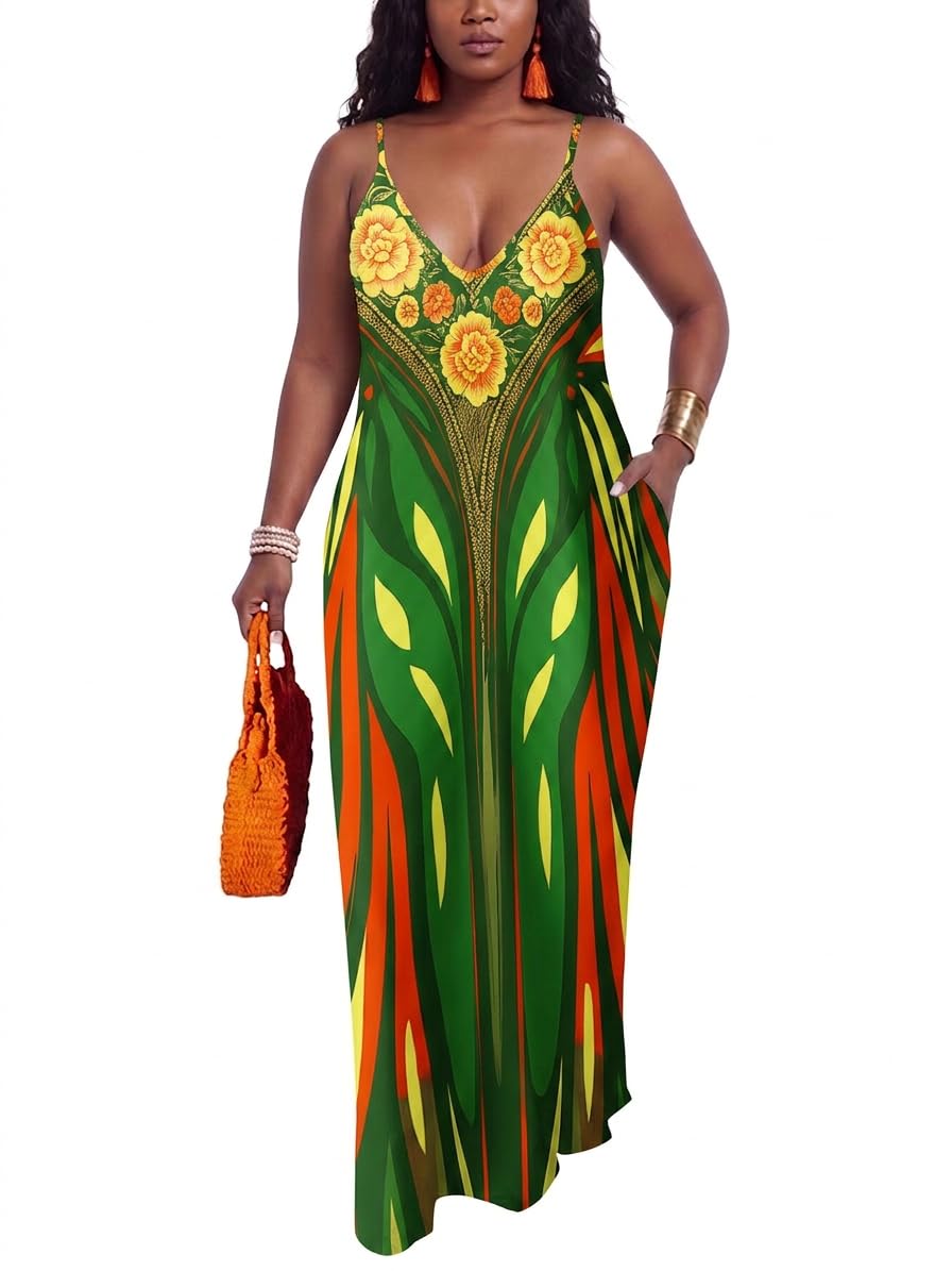 PerZeal Women's Summer Casual Maxi Dresses Sexy Floor Length V-Neck Spaghetti Strap Sleeveless Colorful Sundresses Plus Size