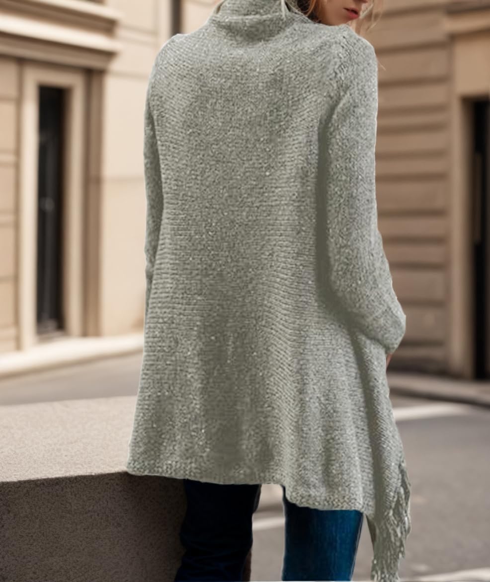 Women's Open Front Knited Tassels Slash Loose Cardigan Crew Neck Speckled Fringe Sweater Outwear