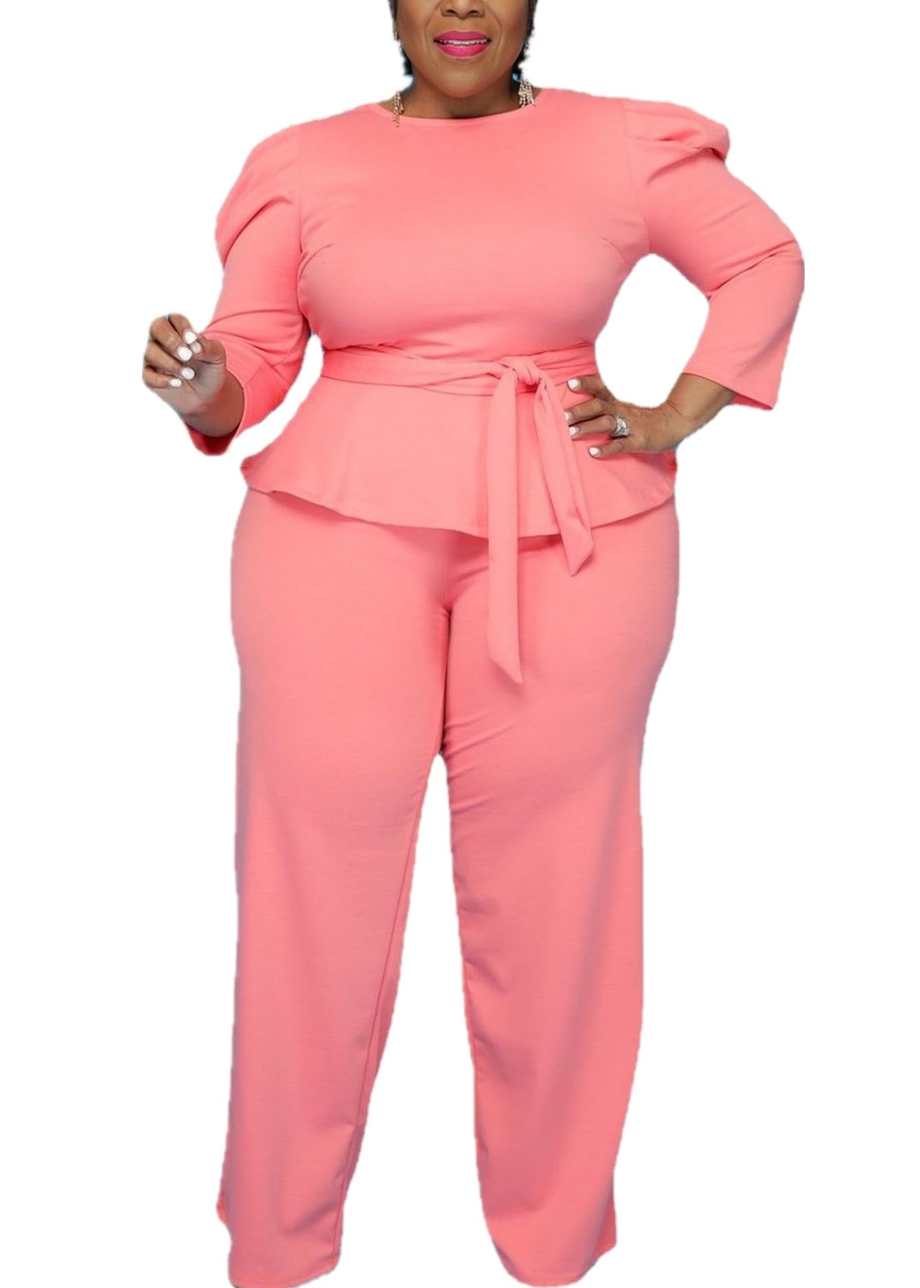 MRSFITOK Plus Size 2 Piece Wide Leg Pants Set for Women Casual Long Sleeve Shirt Long Pant Sets Sexy With Belt