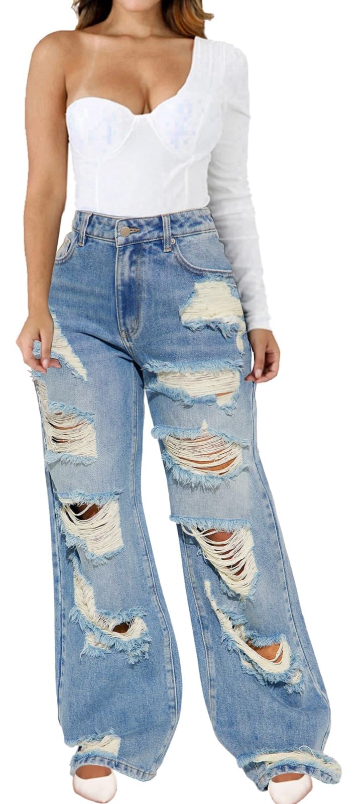CuteCherry Women Baggy Ripped Jeans Destroyed Wide Leg Retro Denim Pants