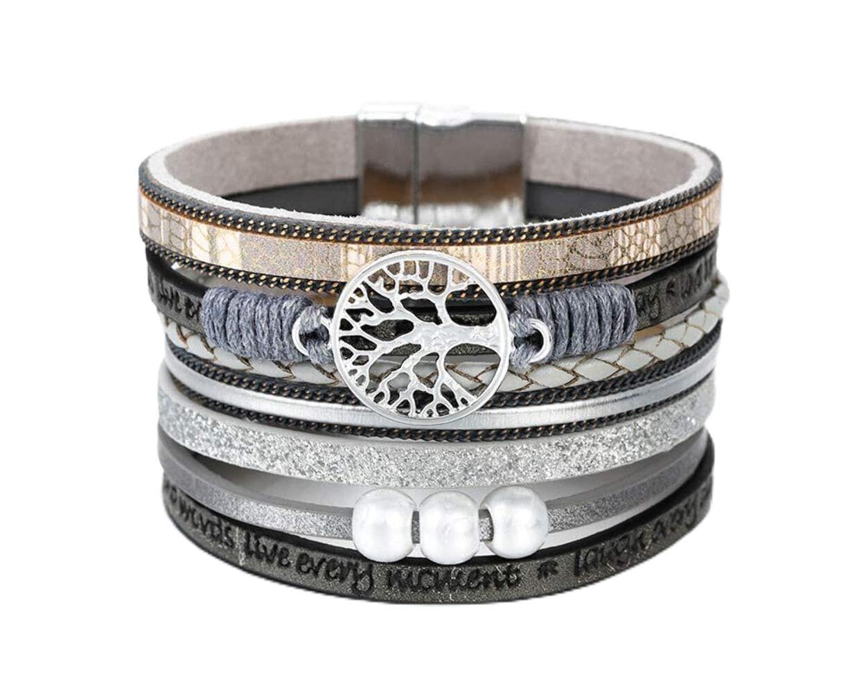 Fesciory Leather Wrap Bracelets for Women, Boho Leopard Multi-Layer Crystal Beads Cuff Bracelet Jewelry