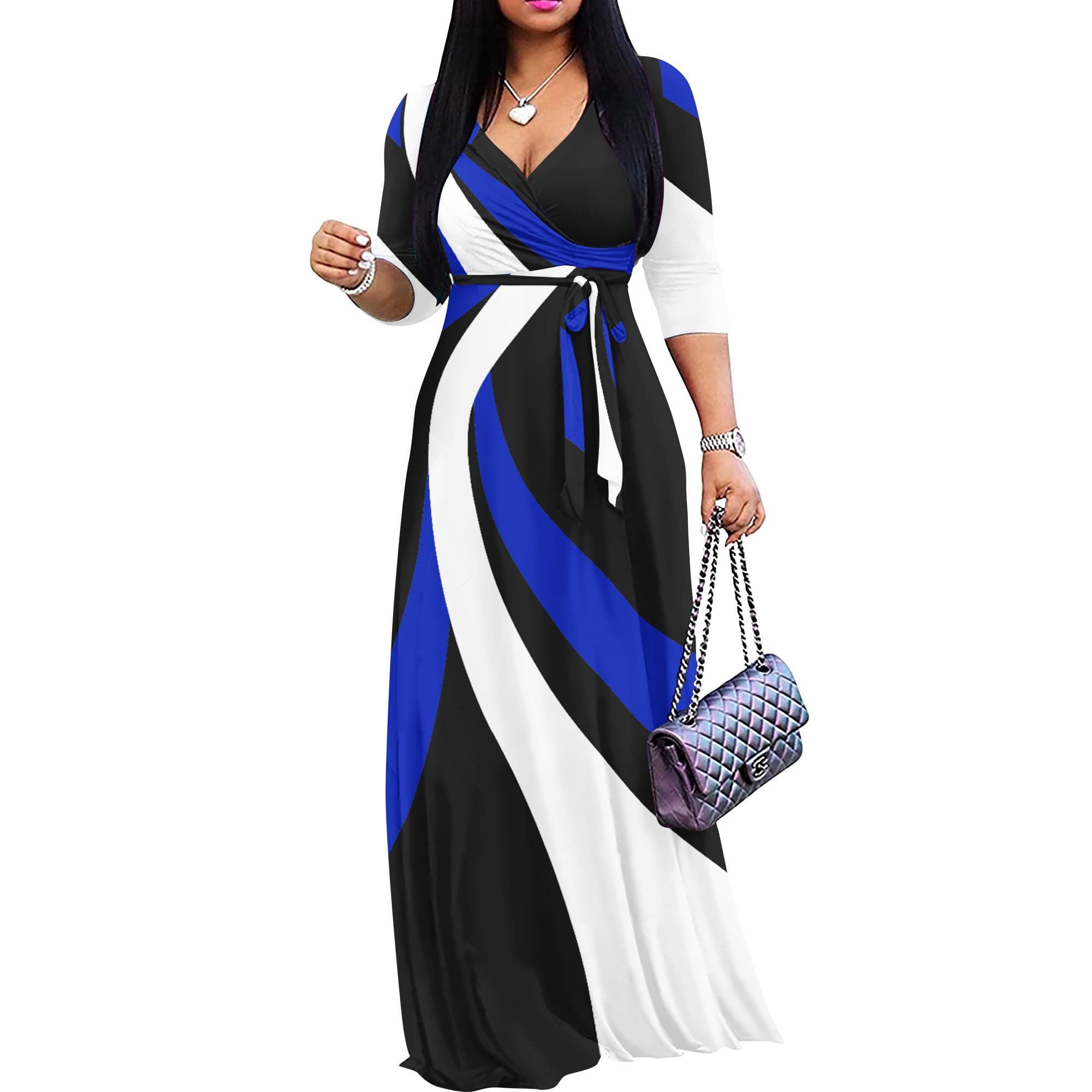 FANDEE Plus Size Maxi Dress for Women Casual Summer Sundress V-Neck 3/4 Sleeve
