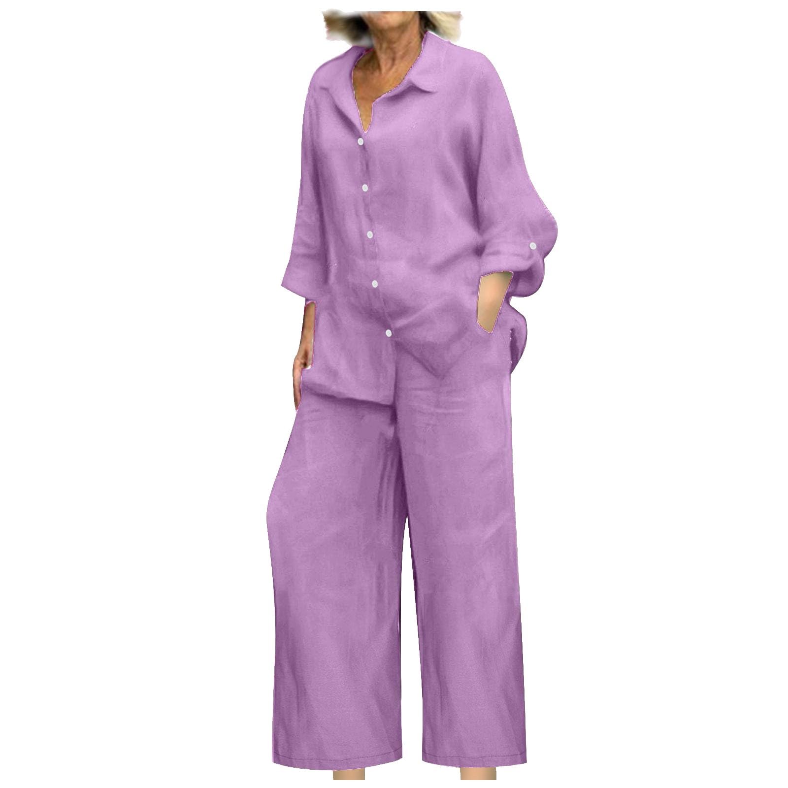 BAOQIN Linen Sets for Women 2 Piece - Womens Long Sleeve Button Down Shirts Summer Wide Leg Breathable Cotton Linen Pants Set