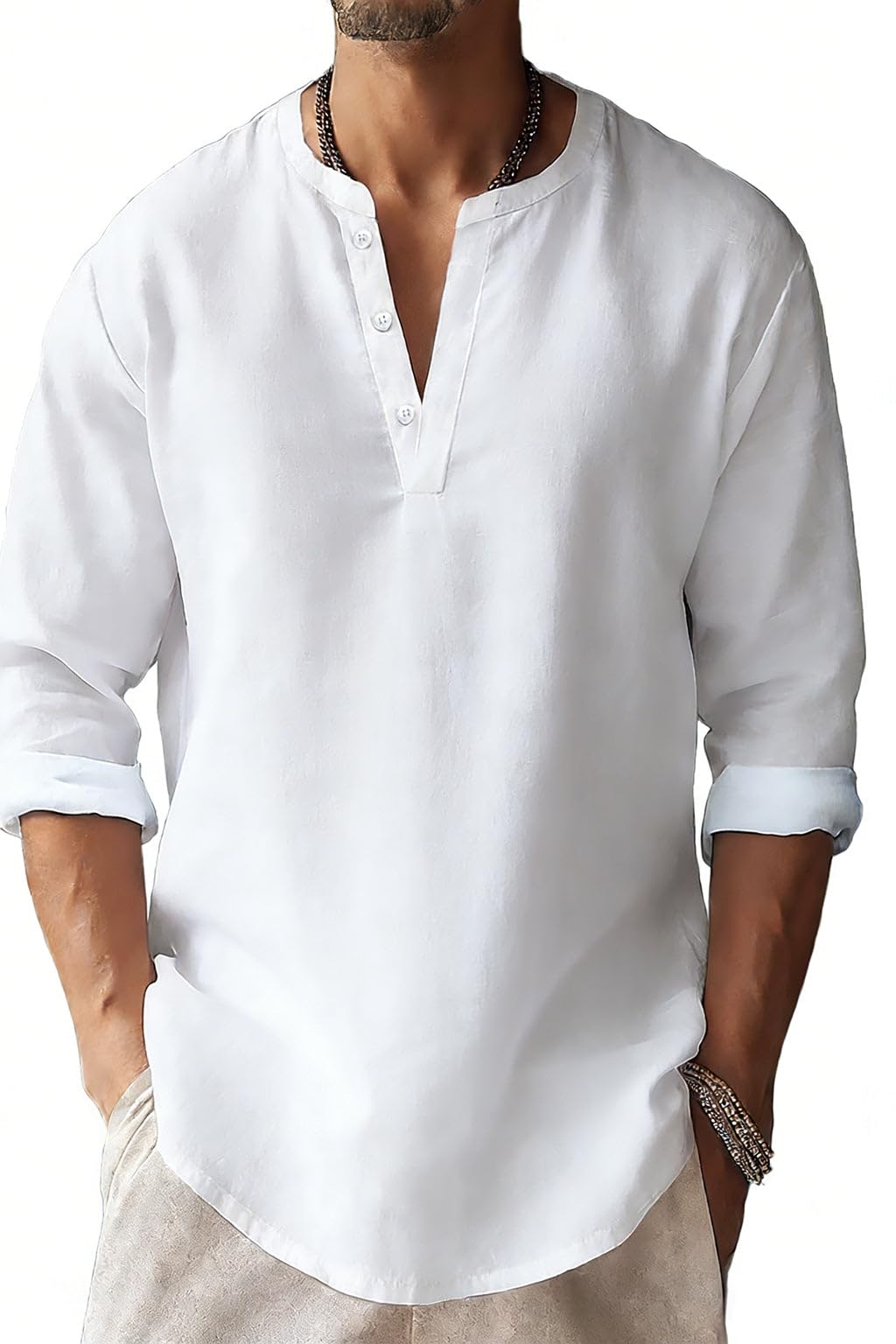 Mens Henley Shirts Summer Casual Button Banded Collar T Shirts Vintage Long Sleeve Cotton Linen Beach Pullover Tops