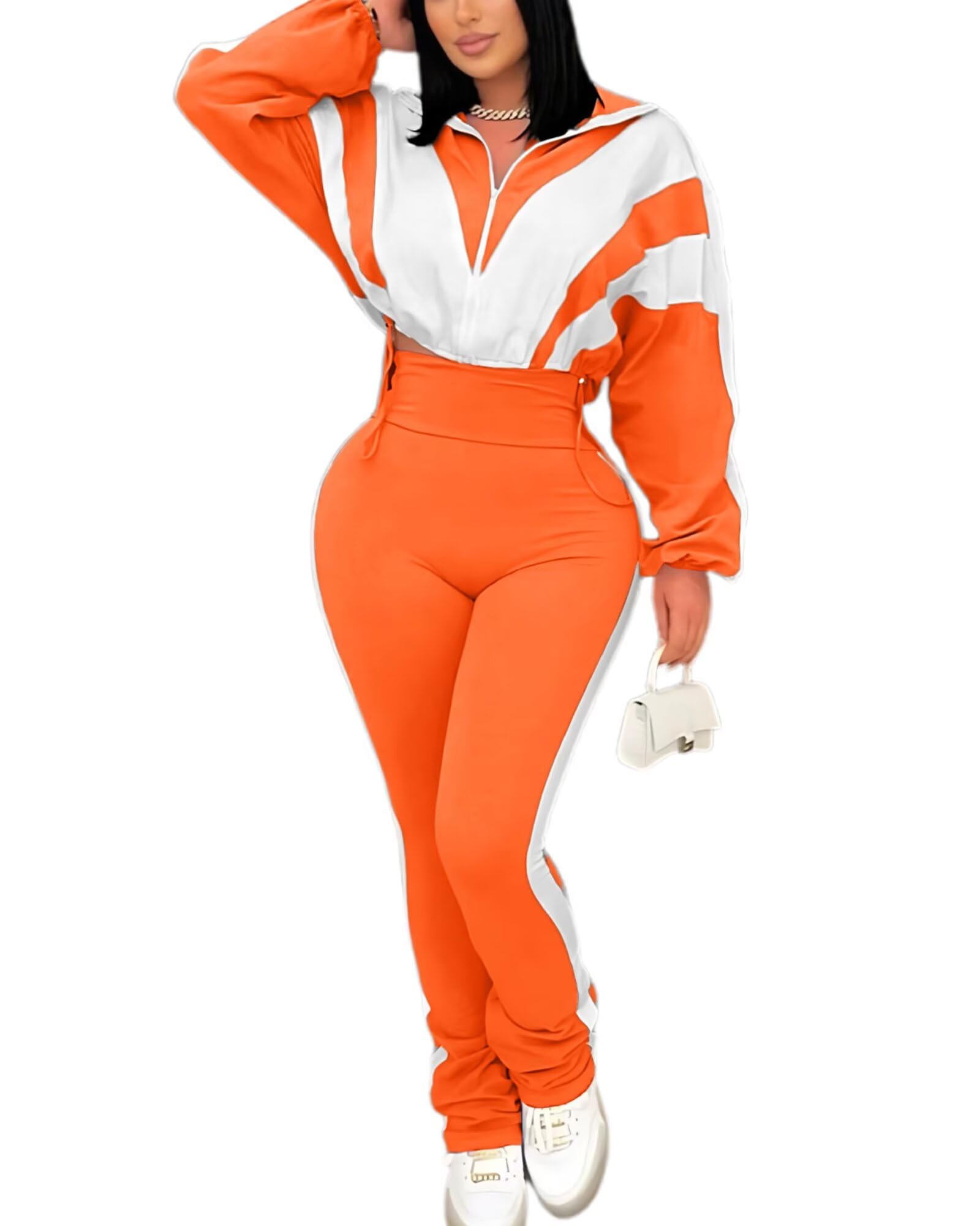 Remelon Womens 2 Piece Set Sweatsuit Color Block Long Sleeve Zip Up Cropped Jacket Legging Pants Set Tracksuit Jogger Outfits