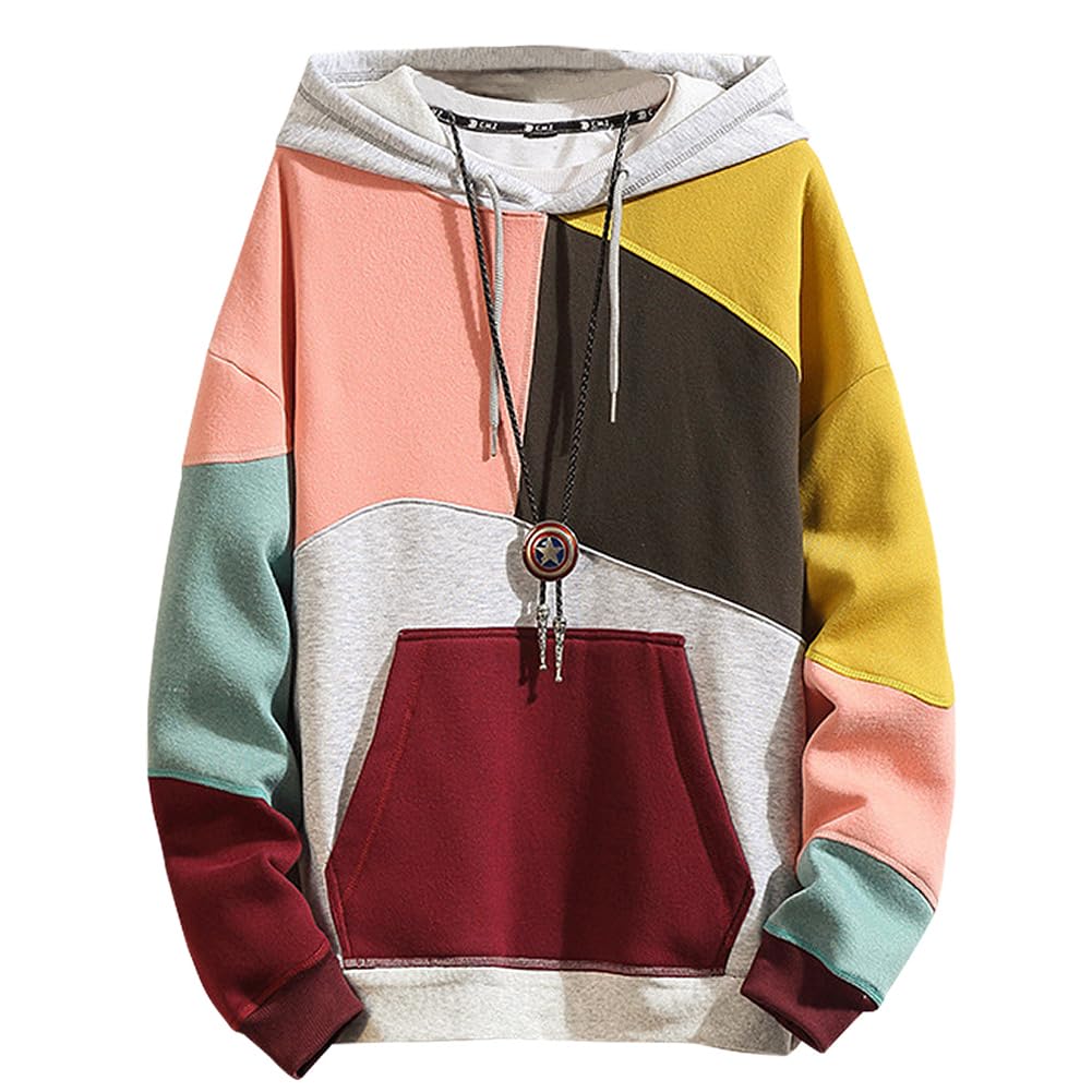 Covisoty Mens Casual Cotton Hoodies Contrast Color Pullover Mens Patchwork Hooded Sweatshirt Casual Long Sleeve
