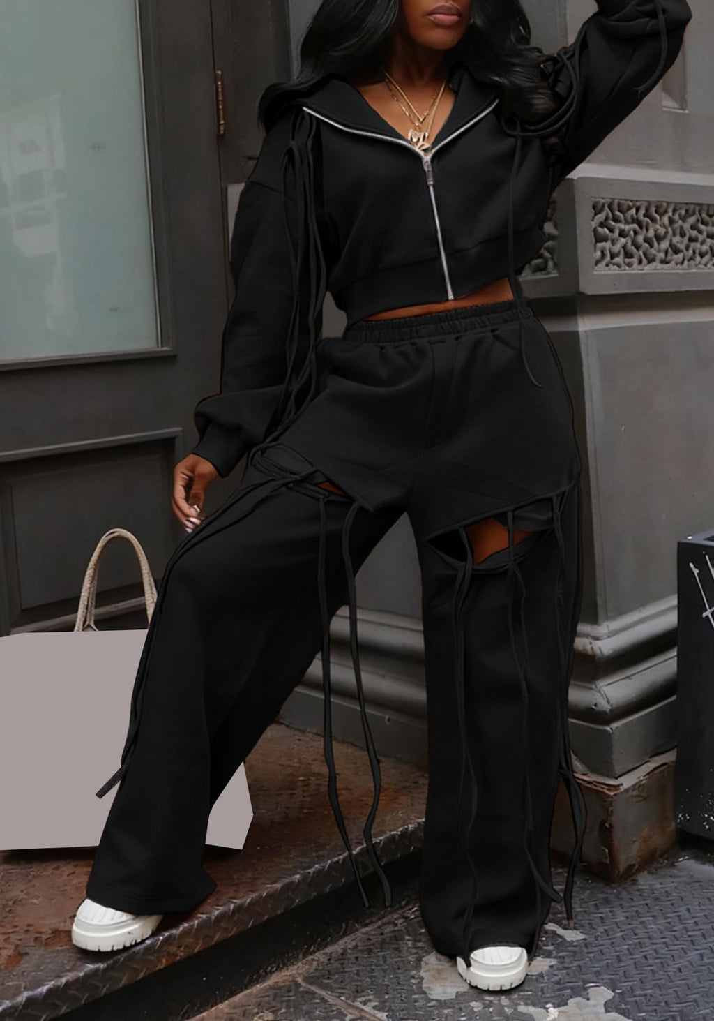 Inroserm Womens 2 Piece Outfits Casual Long Sleeve Zipper Hoodie Sweatsuits Wide Leg Ripped Lounge Pants Sets