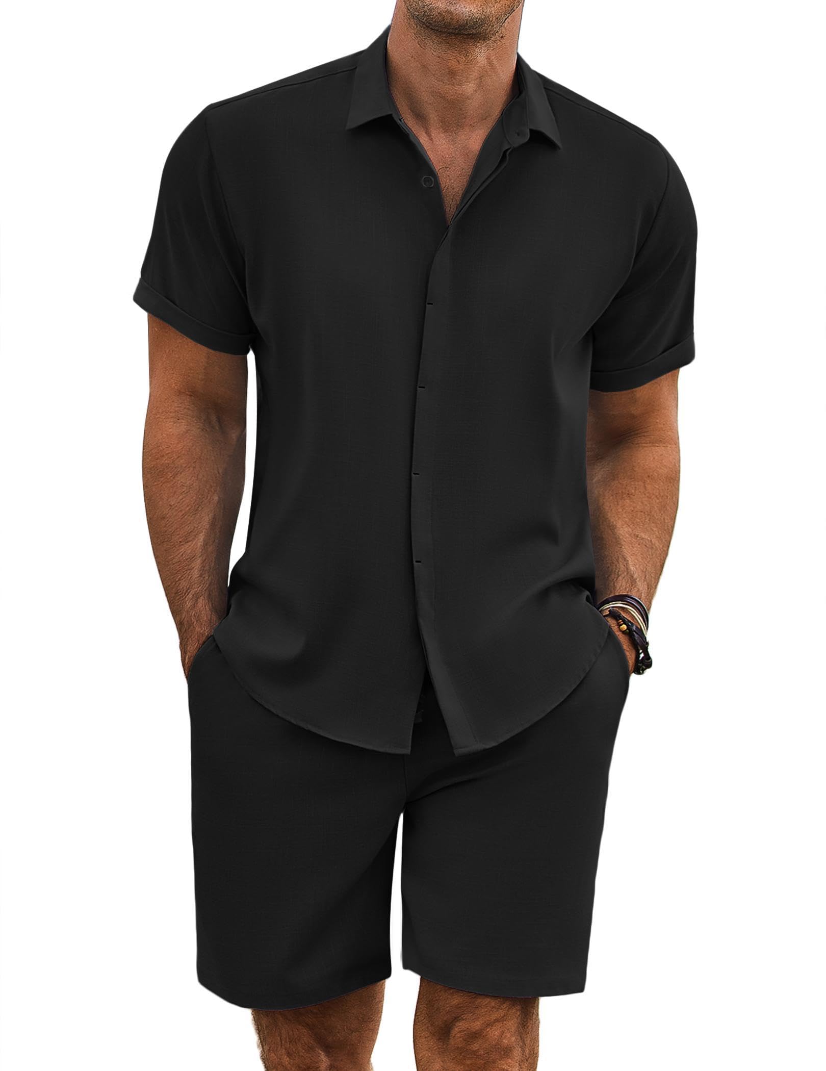 COOFANDY Men's Summer Beach Outfits 2 Piece Short Sleeve Shirts and Shorts Vacation Texture Linen Sets for Men