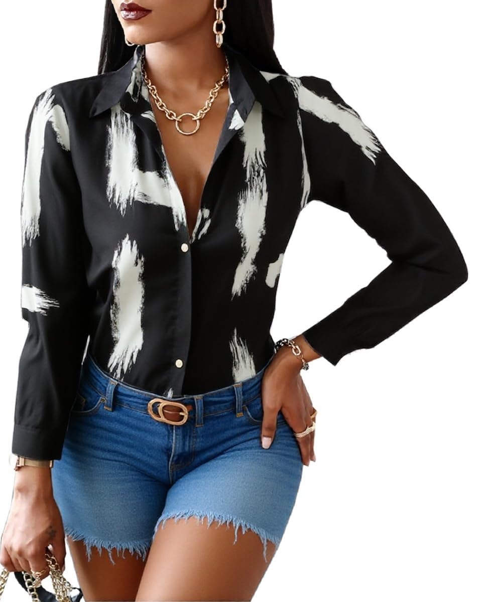 Blouses for Women Dressy Casual Colorful Long Sleeve Shirt Floral Print Tops Loose Collar Sexy T-Shirts Fashion 2023