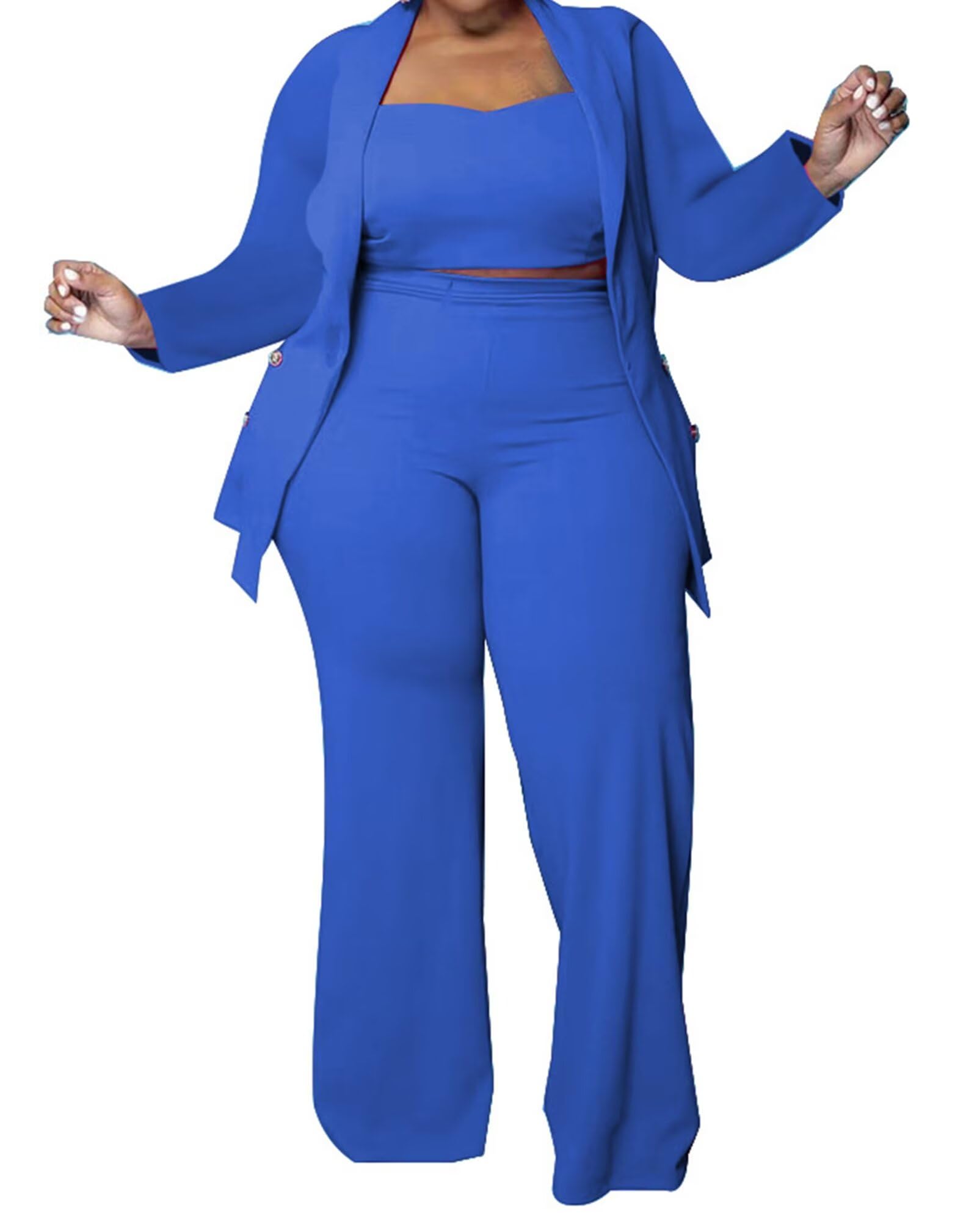 Women Plus Size Pants Suits 3 Piece Set Long Sleeve Blazer Pants Suit Sets Dressy Business Casual Office Work Outfits