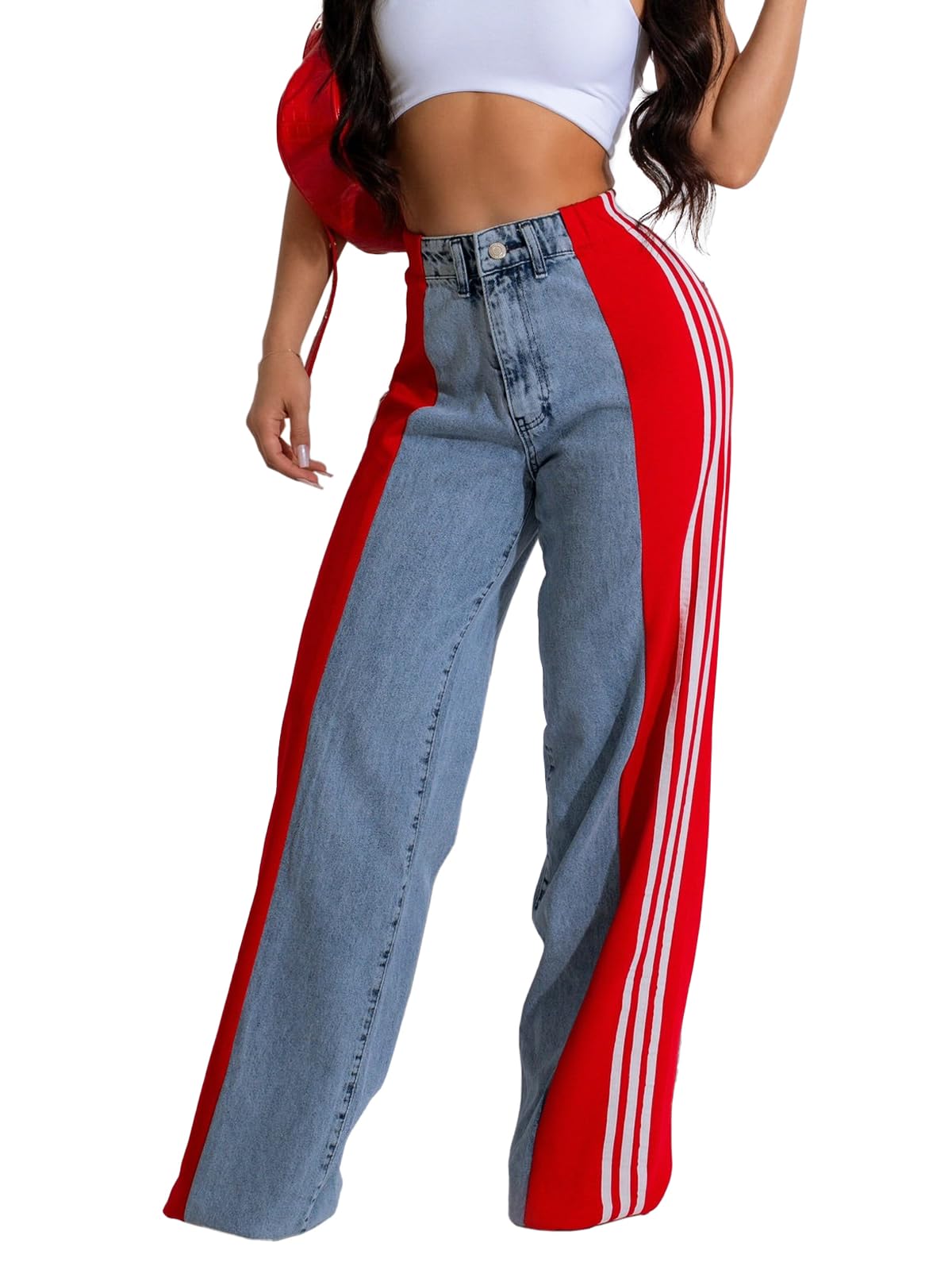 Angsuttc Womens Jeans with Patchwork Stripes High Waisted Stretchy Denim Color Block Straight Wide Leg Trendy Jean