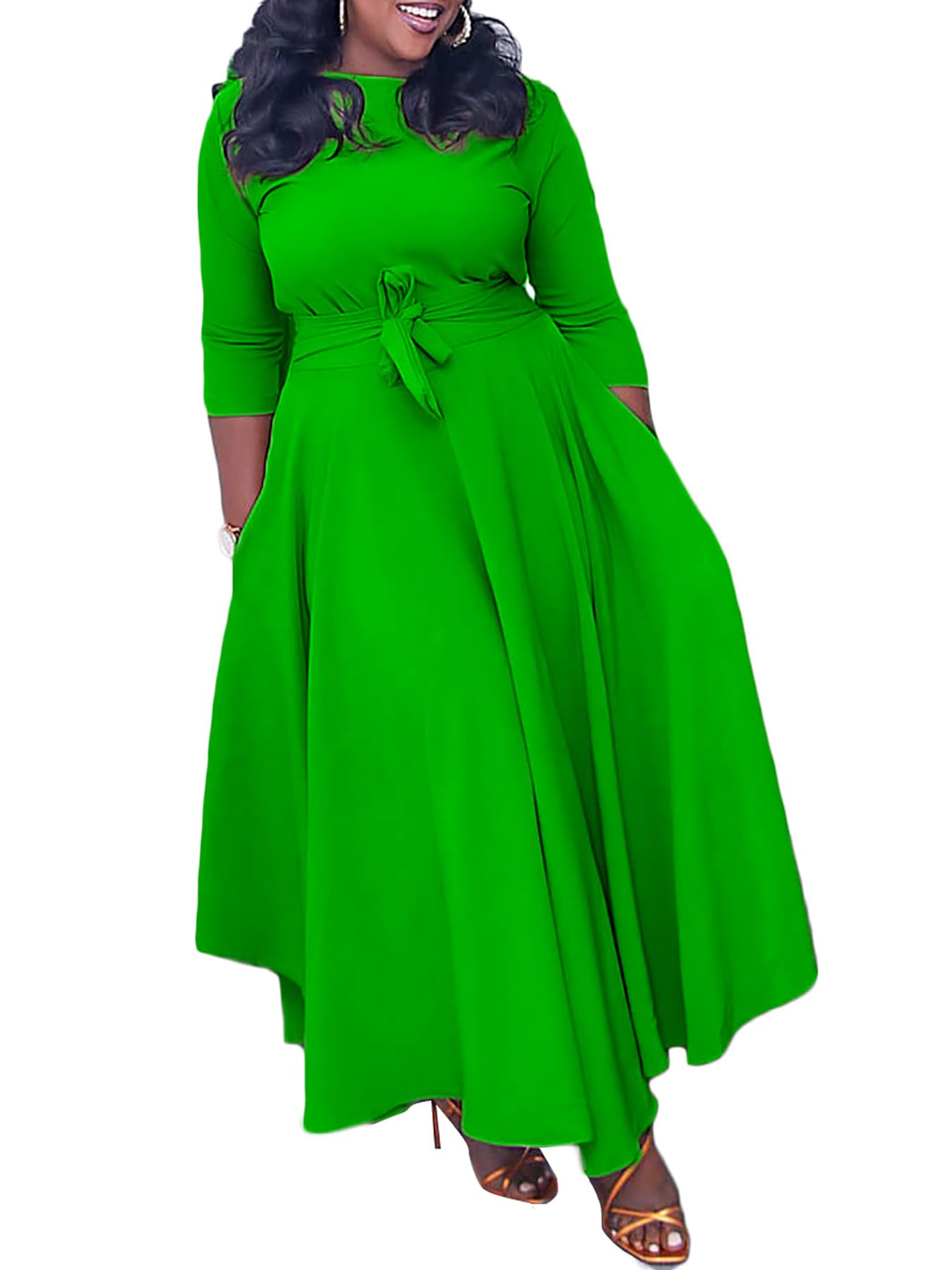Baczoe Plus Size Dress for Curvy Women Stretch Self Tie A-Line Maxi Dress with Pockets Swing Long Outfit