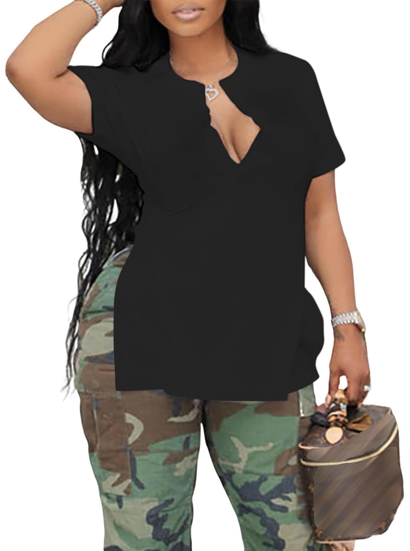 LovelyWholesale Womens Graphic Tees Sexy V Neck T Shirts Short Sleeve Side Slit Summer Tops