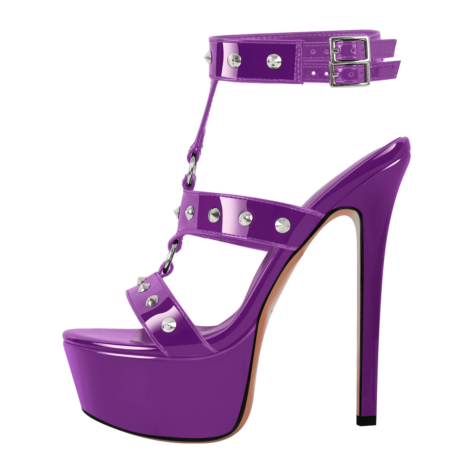 Only maker Open Toe Stiletto Heeled Platform Sandals for Women T-strappy Buckle up Rivet Studded Open-back Summer Sandals
