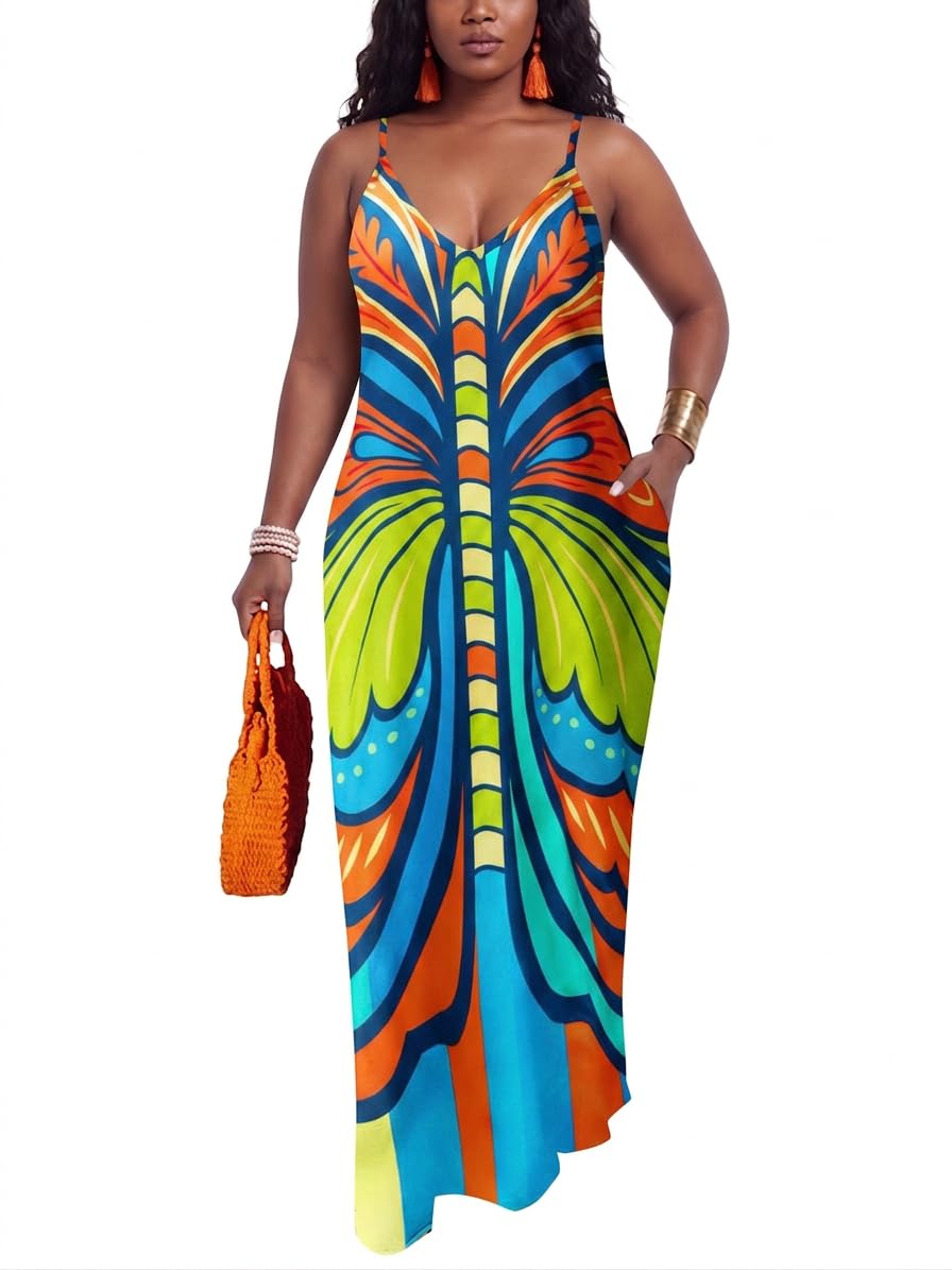 PerZeal Women's Summer Casual Maxi Dresses Sexy Floor Length V-Neck Spaghetti Strap Sleeveless Colorful Sundresses Plus Size