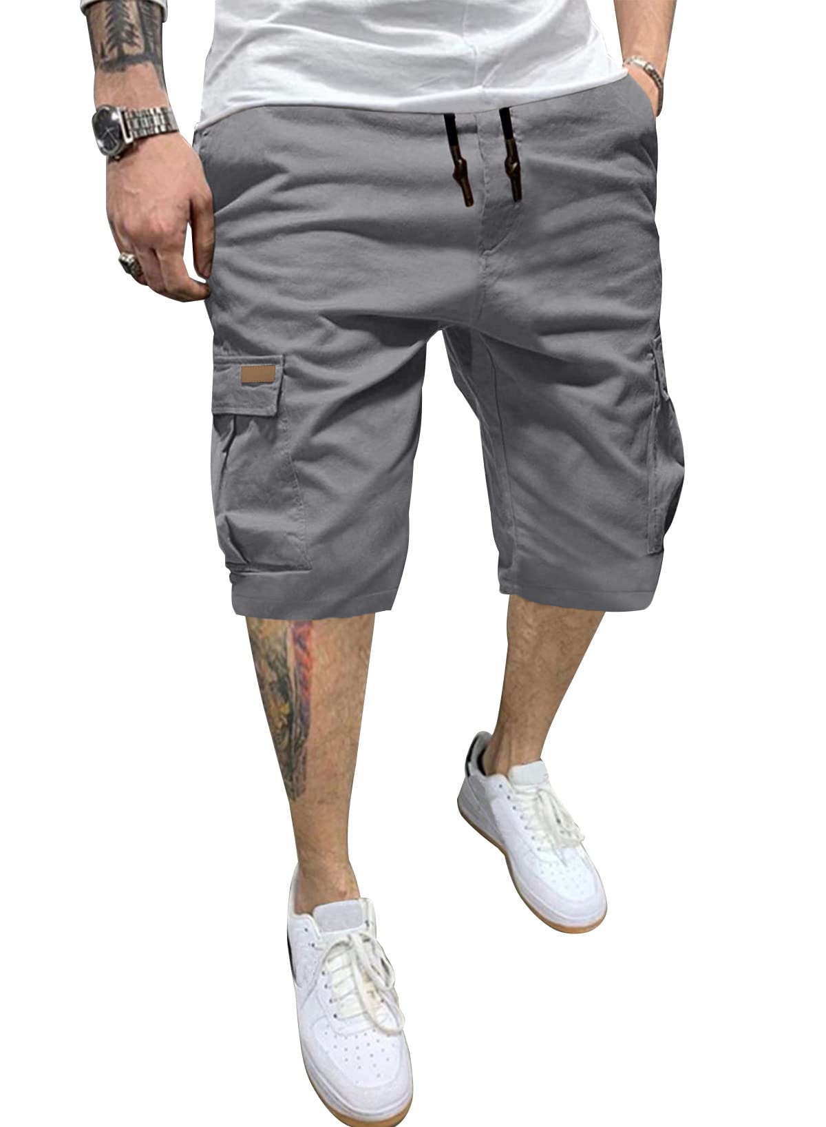 JMIERR Mens Casual Cotton Twill Cargo Shorts Drawstring Classic Chino Stretch Short with 6 Pockets
