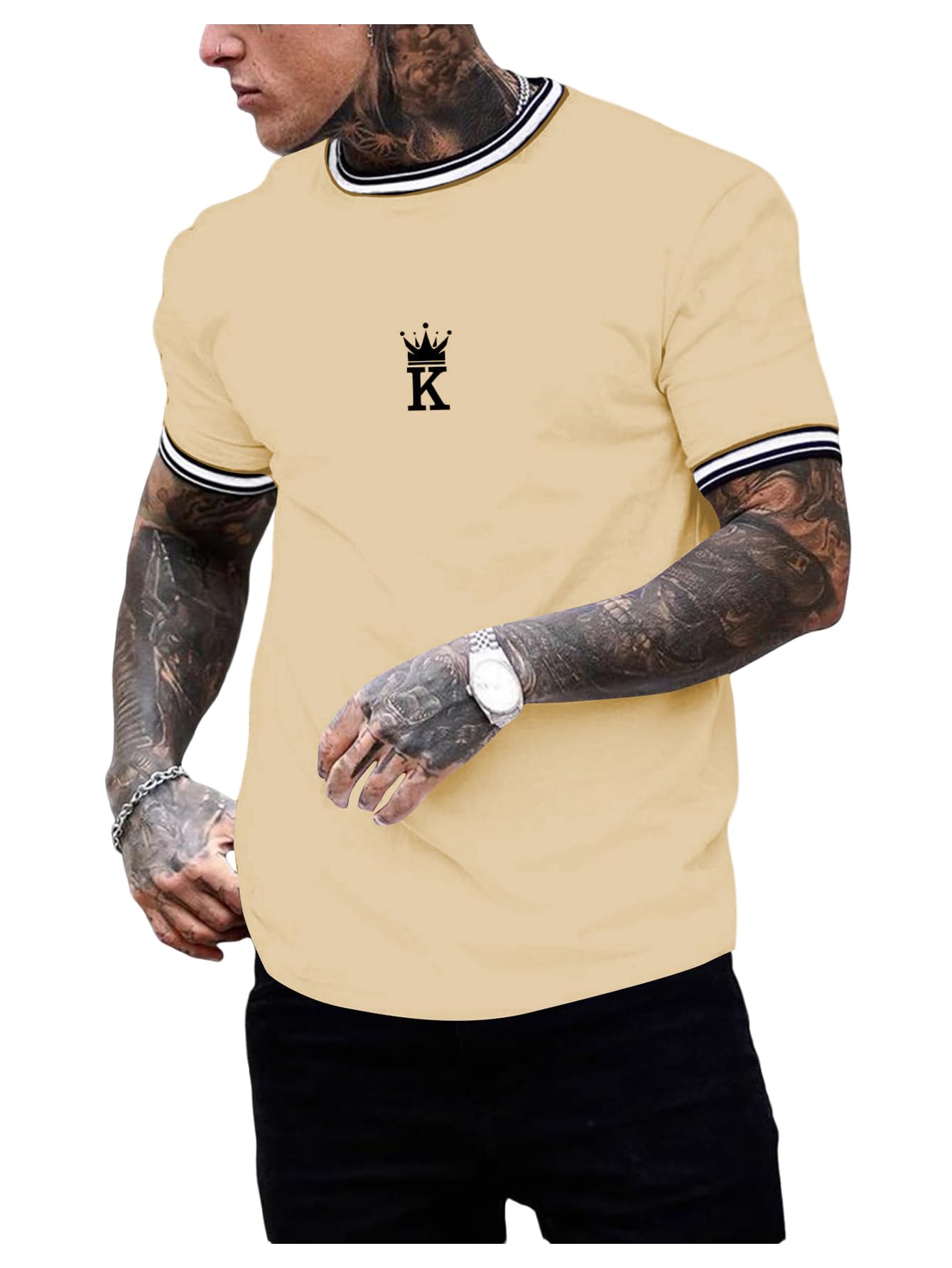 SOLY HUX Men's Crown Letter Print Striped Trim Tee Tops Short Sleeve Crew Neck Summer T Shirt