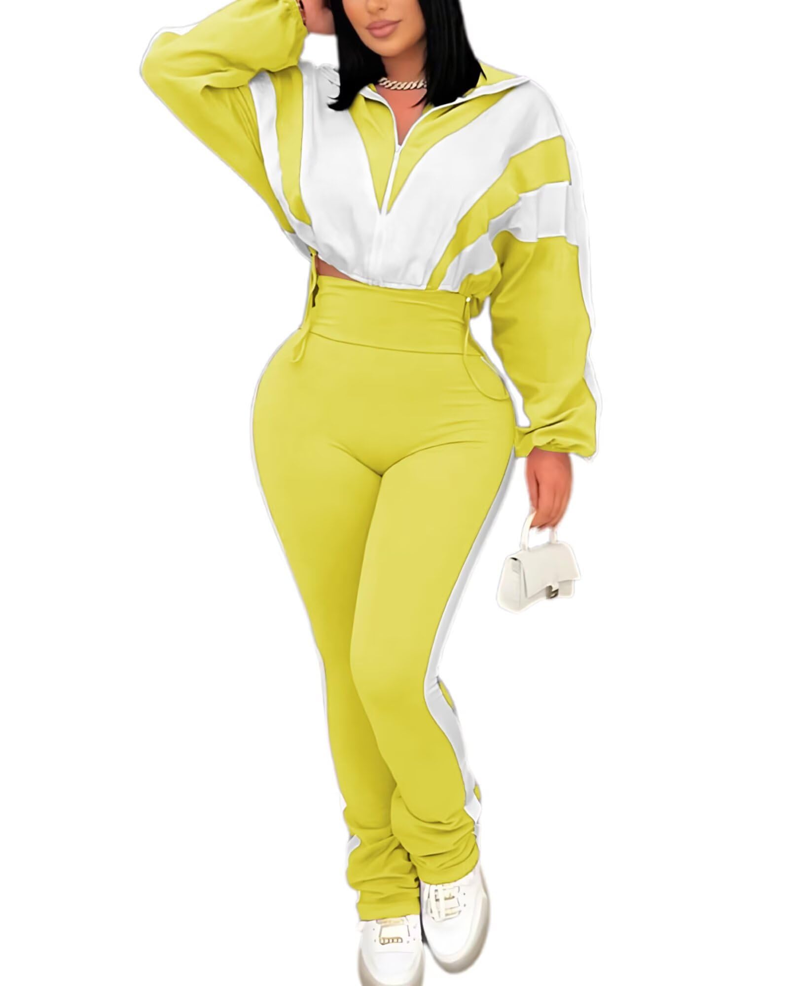 Remelon Womens 2 Piece Set Sweatsuit Color Block Long Sleeve Zip Up Cropped Jacket Legging Pants Set Tracksuit Jogger Outfits