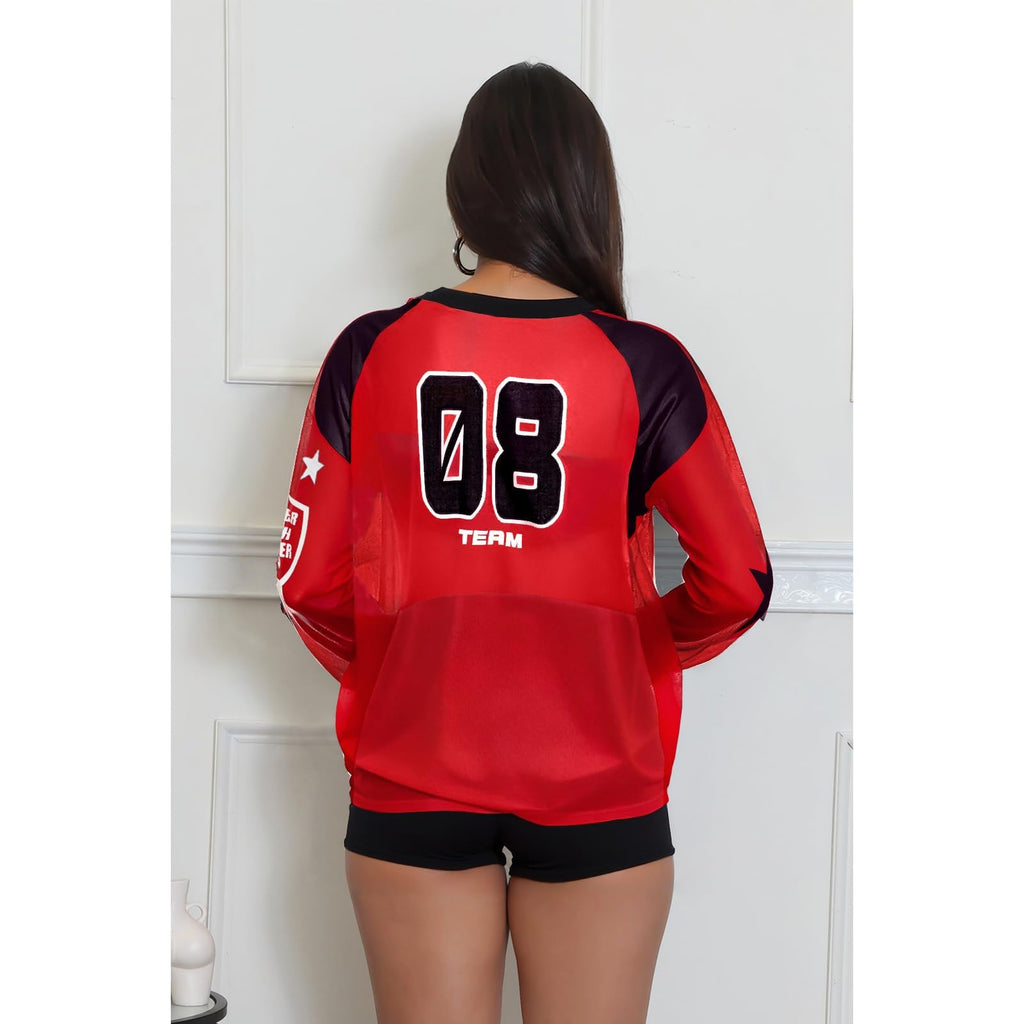 Jersey Shirts for Women - Mesh Long Sleeve Tops Sheer Blouse Graphic Tees Casual Party Club Y2k Streetwear