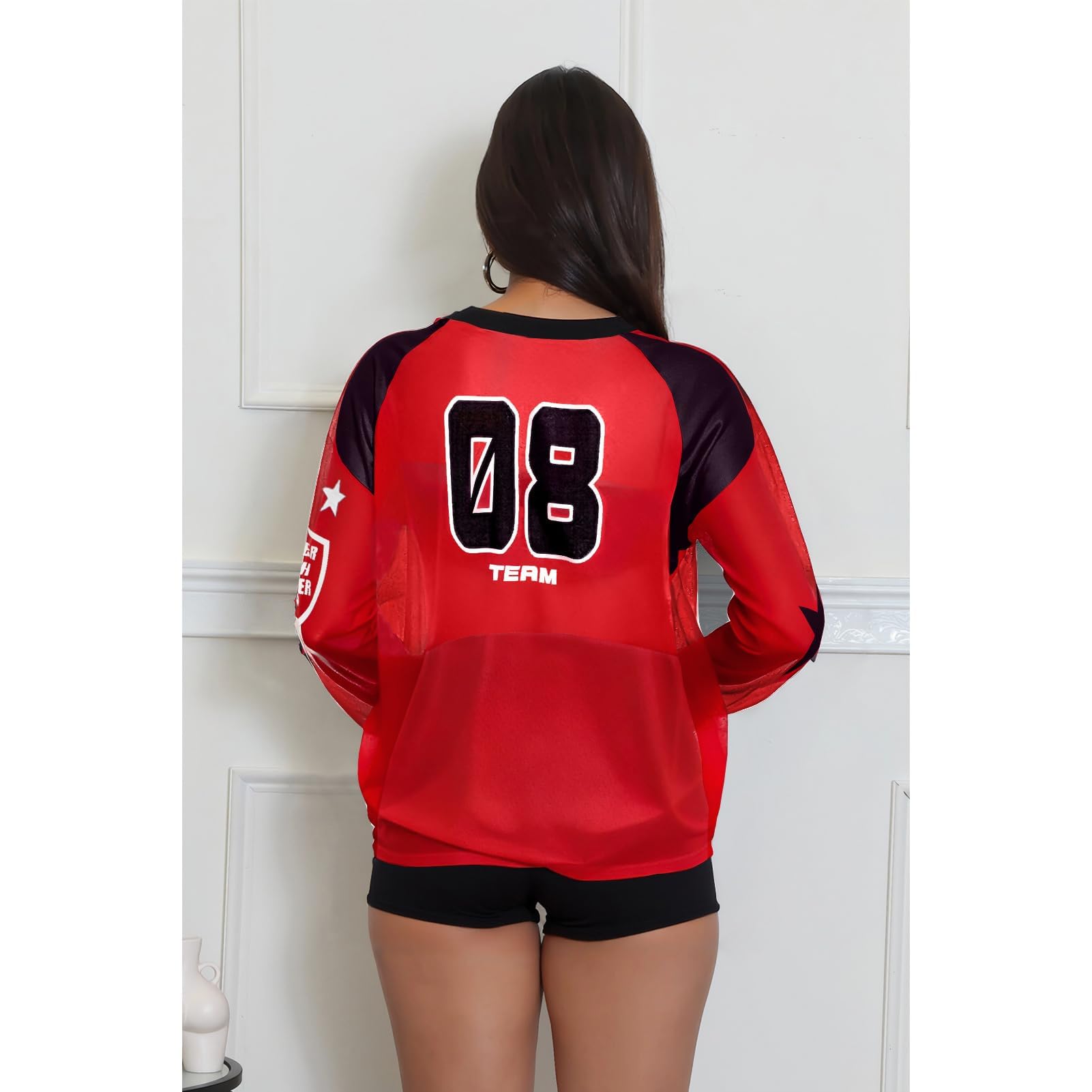 Jersey Shirts for Women - Mesh Long Sleeve Tops Sheer Blouse Graphic Tees Casual Party Club Y2k Streetwear