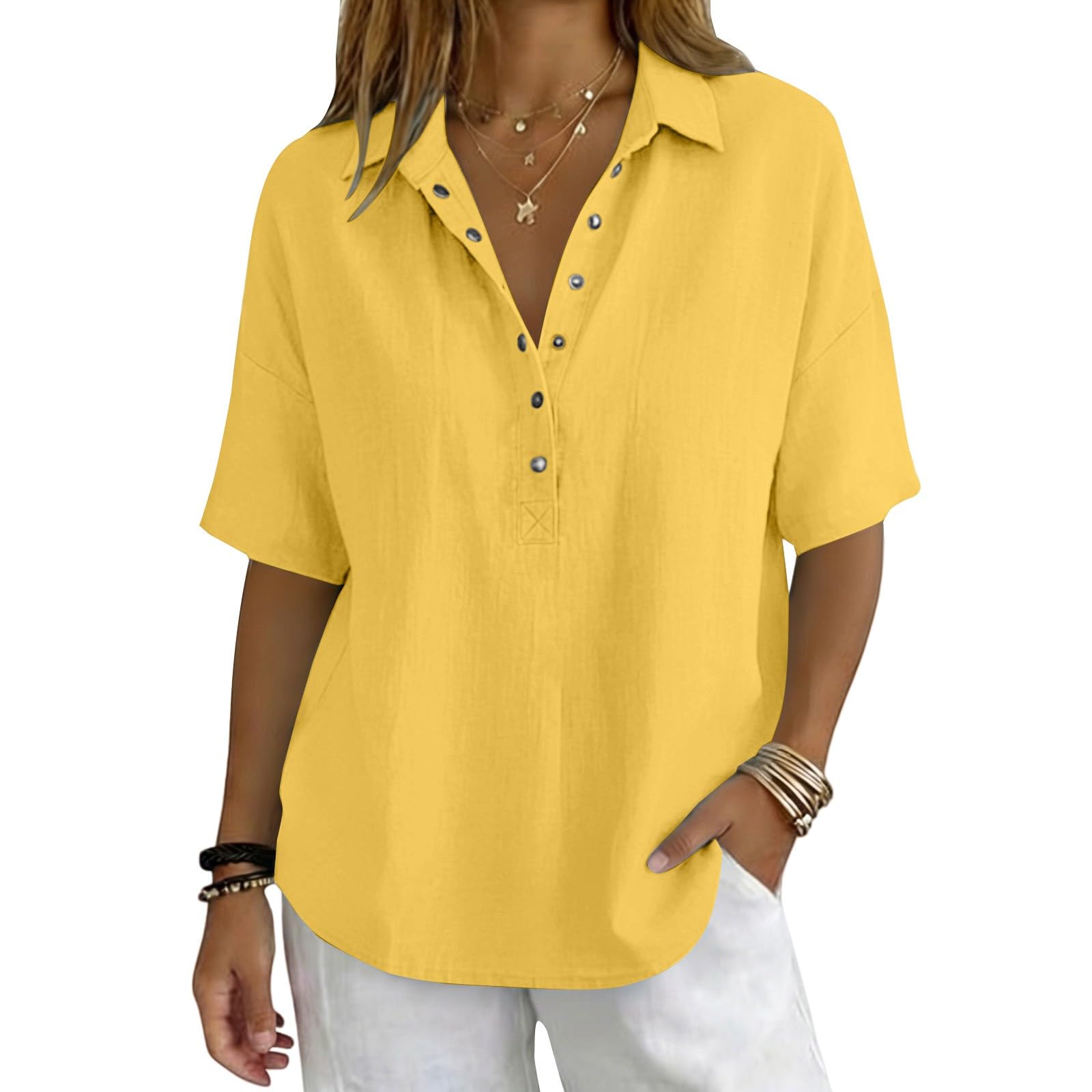 Linen Tops for Women Breathable Gauze Shirts Cotton Button Down Summer Elbow Length Blouses Dressy Casual Clothes