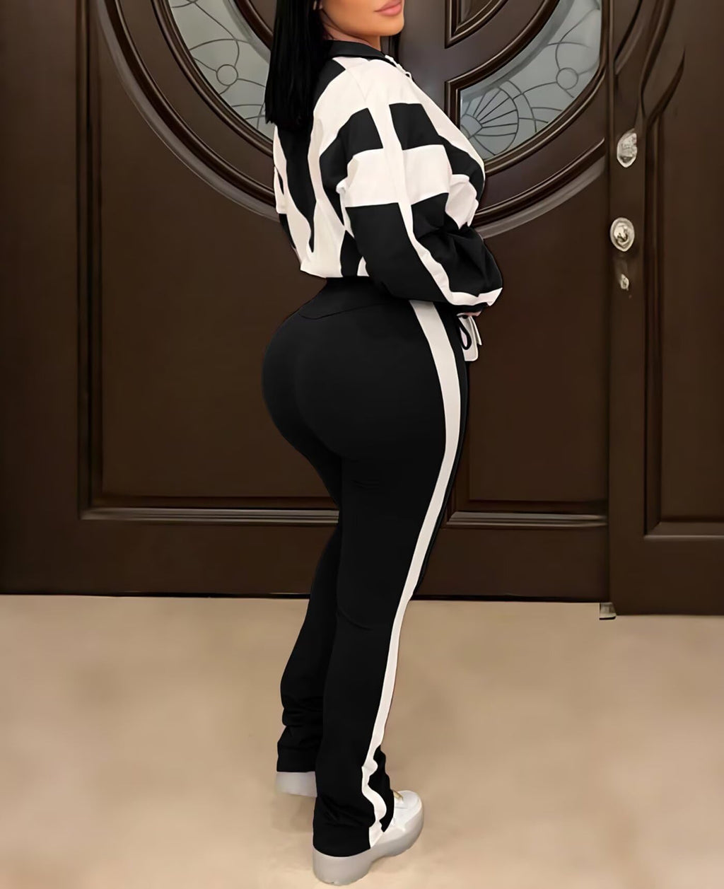 Remelon Womens 2 Piece Set Sweatsuit Color Block Long Sleeve Zip Up Cropped Jacket Legging Pants Set Tracksuit Jogger Outfits