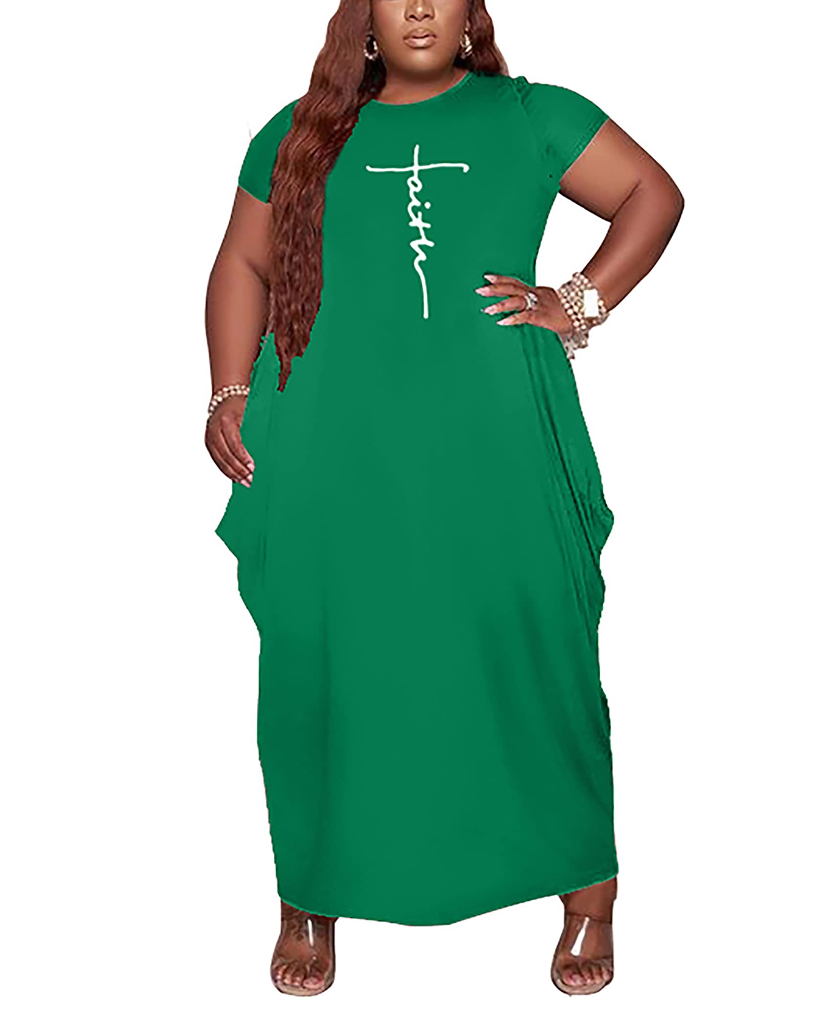 AIIYYQB Women's Summer Plus Size Short Sleeved Long Dress Casual Loose Faith Beach Maxi Dress with Pockets