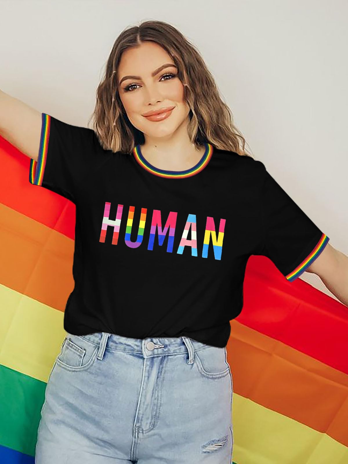 YZMI Pride Shirts for Women Pride Month Rainbow Graphic T-Shirt LGBTQ Support Red Ringer Tee