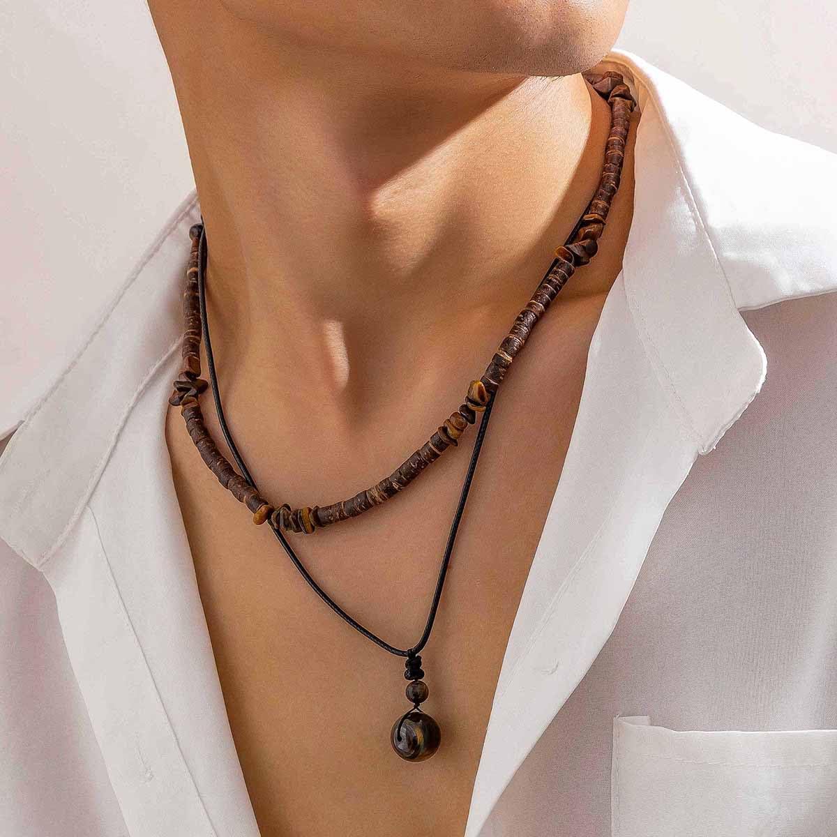 cotwdi Puka Shell Necklace Men Beaded Beach Necklaces for Men Surfer Necklace Black Brown Wood Beaded Jewelry Coconut Shell Conch Cowrie Seashell Necklaces Hawaiian Summer Beach Jewelry