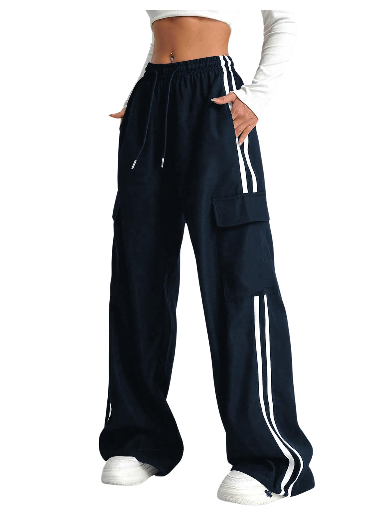 Verdusa Women's Cargo Pants Baggy Straight Wide Leg Track Pants Striped Joggers with Pockets Athletic Streetwear