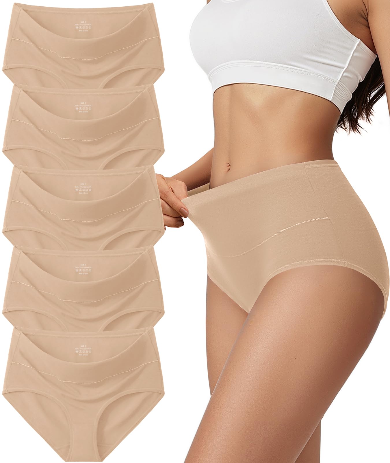Vevmon Cotton Underwear for Women High Waisted Full Coverage Briefs Soft Ladies Panties 5 Pack