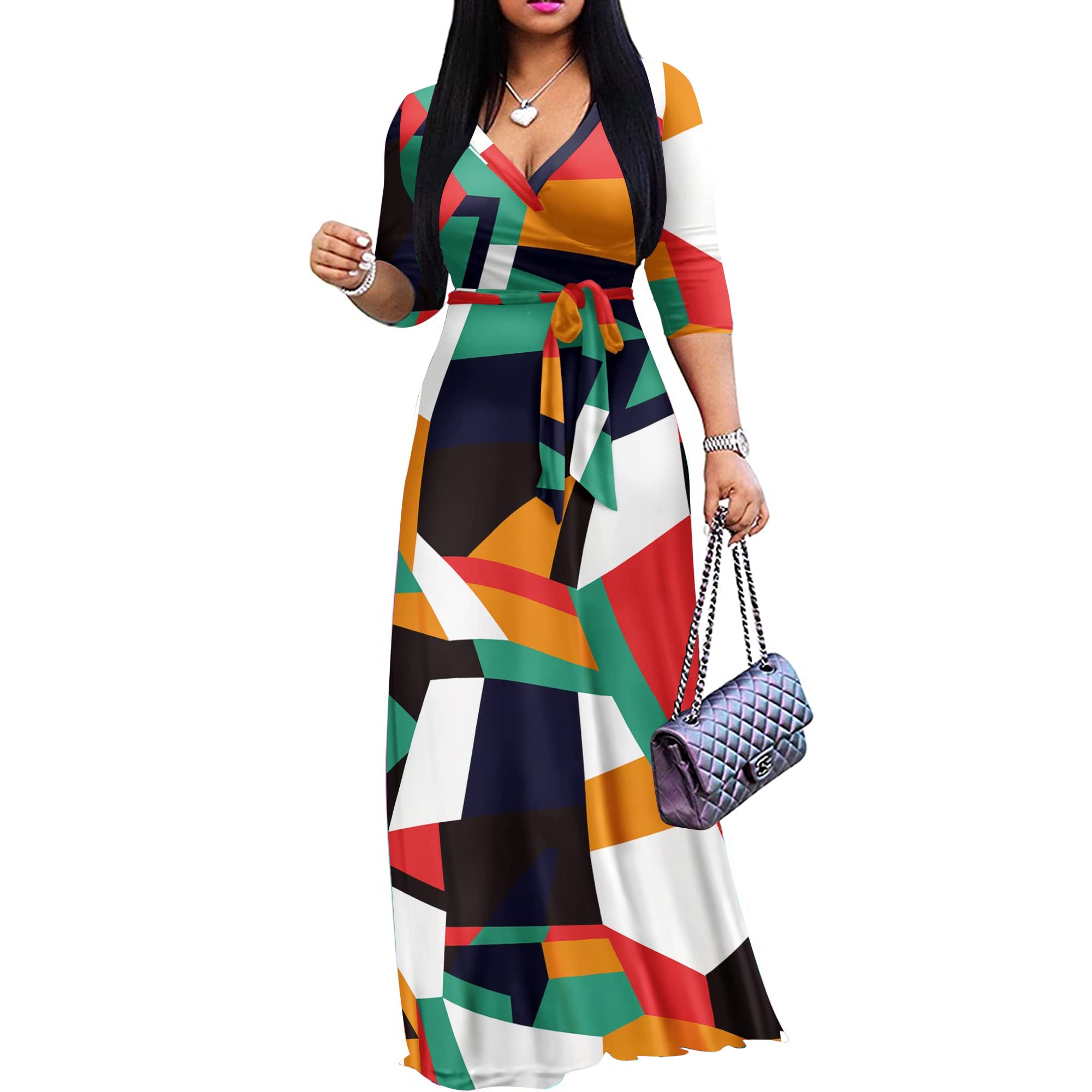 FANDEE Plus Size Maxi Dress for Women Casual Summer Sundress V-Neck 3/4 Sleeve