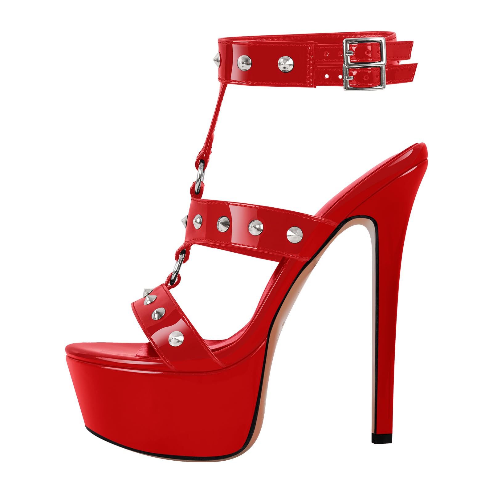 Only maker Open Toe Stiletto Heeled Platform Sandals for Women T-strappy Buckle up Rivet Studded Open-back Summer Sandals