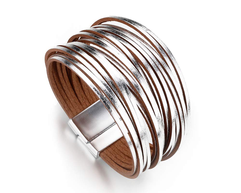 Fesciory Leather Wrap Bracelets for Women, Boho Leopard Multi-Layer Crystal Beads Cuff Bracelet Jewelry